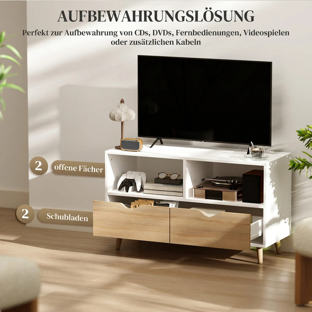TV staliukas su stalčiais ir atviromis lentynomis, mediena, 99 × 39 × 58 cm, balta