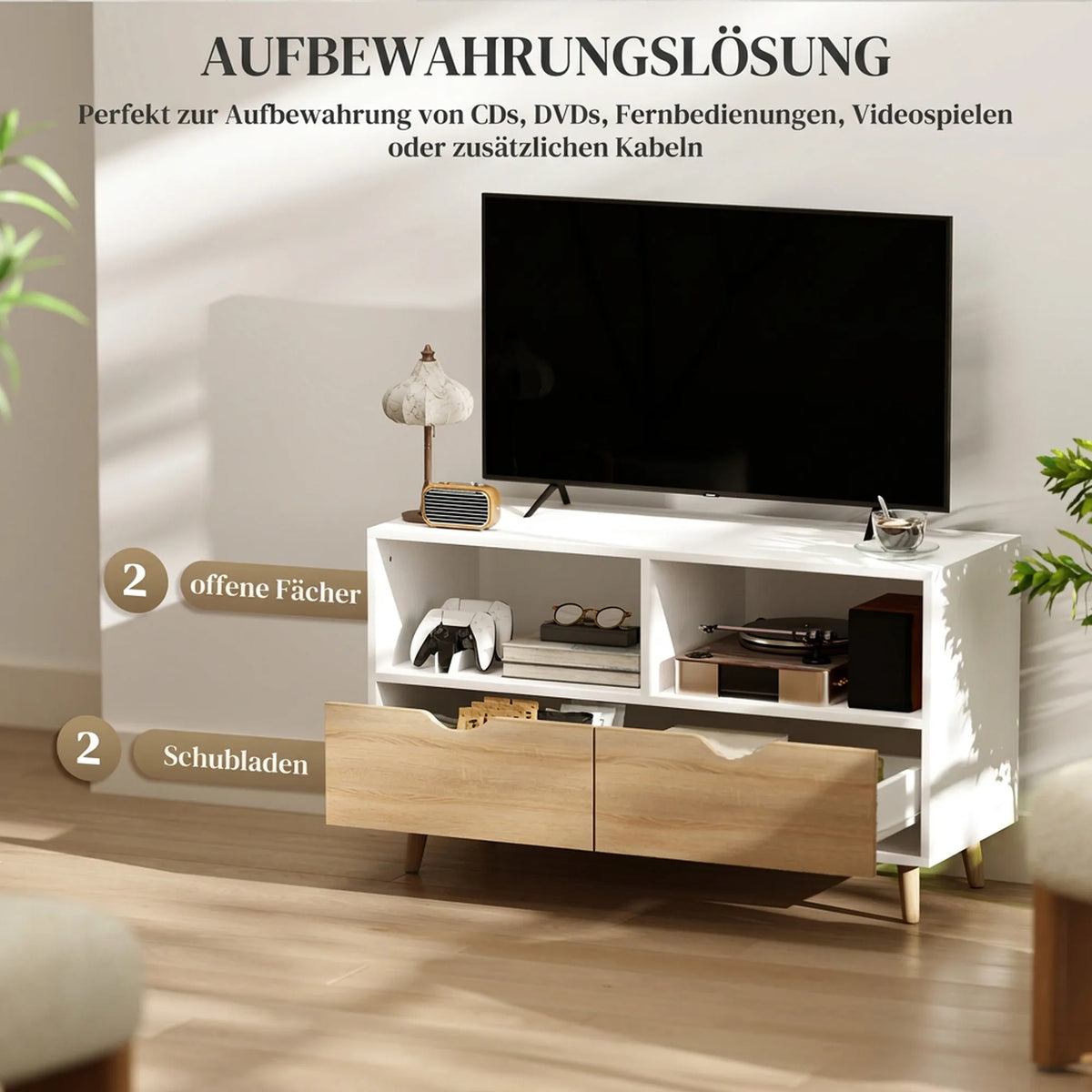 TV staliukas su stalčiais ir atviromis lentynomis, mediena, 99 × 39 × 58 cm, balta