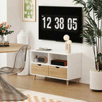 TV staliukas su stalčiais ir atviromis lentynomis, mediena, 99 × 39 × 58 cm, balta