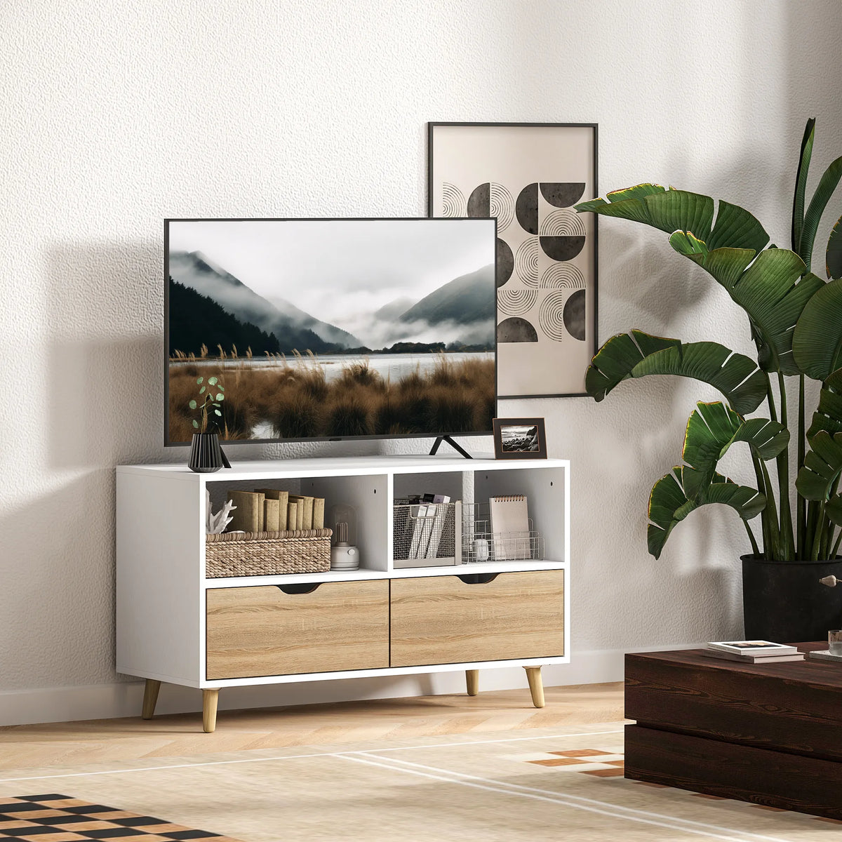 TV staliukas su stalčiais ir atviromis lentynomis, mediena, 99 × 39 × 58 cm, balta