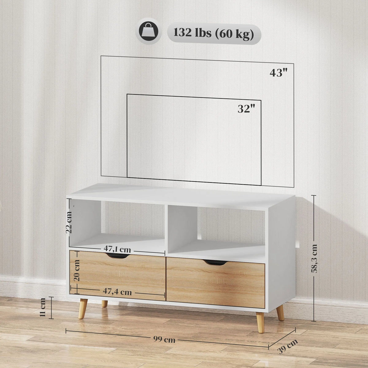 TV staliukas su stalčiais ir atviromis lentynomis, mediena, 99 × 39 × 58 cm, balta