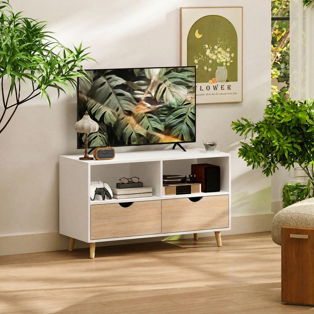TV staliukas su stalčiais ir atviromis lentynomis, mediena, 99 × 39 × 58 cm, balta