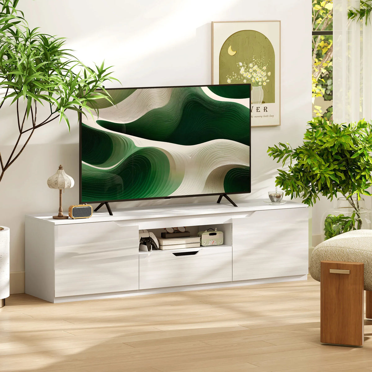 TV staliukas su stalčiumi ir lentynomis, 160 cm, balta