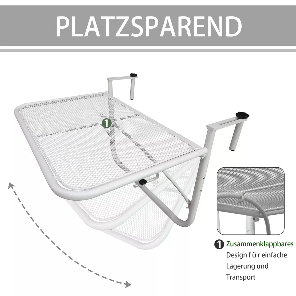 Balkono pakabinamas stalas 3 pakopų aukščio reguliuojamas pakabinamas stalas iš metalo, atsparus atmosferos poveikiui Balkono stalas Pagalbinis stalas balkono turėklams Terasos turėklams Pakabinamas stalas 60 x 56 cm, baltas