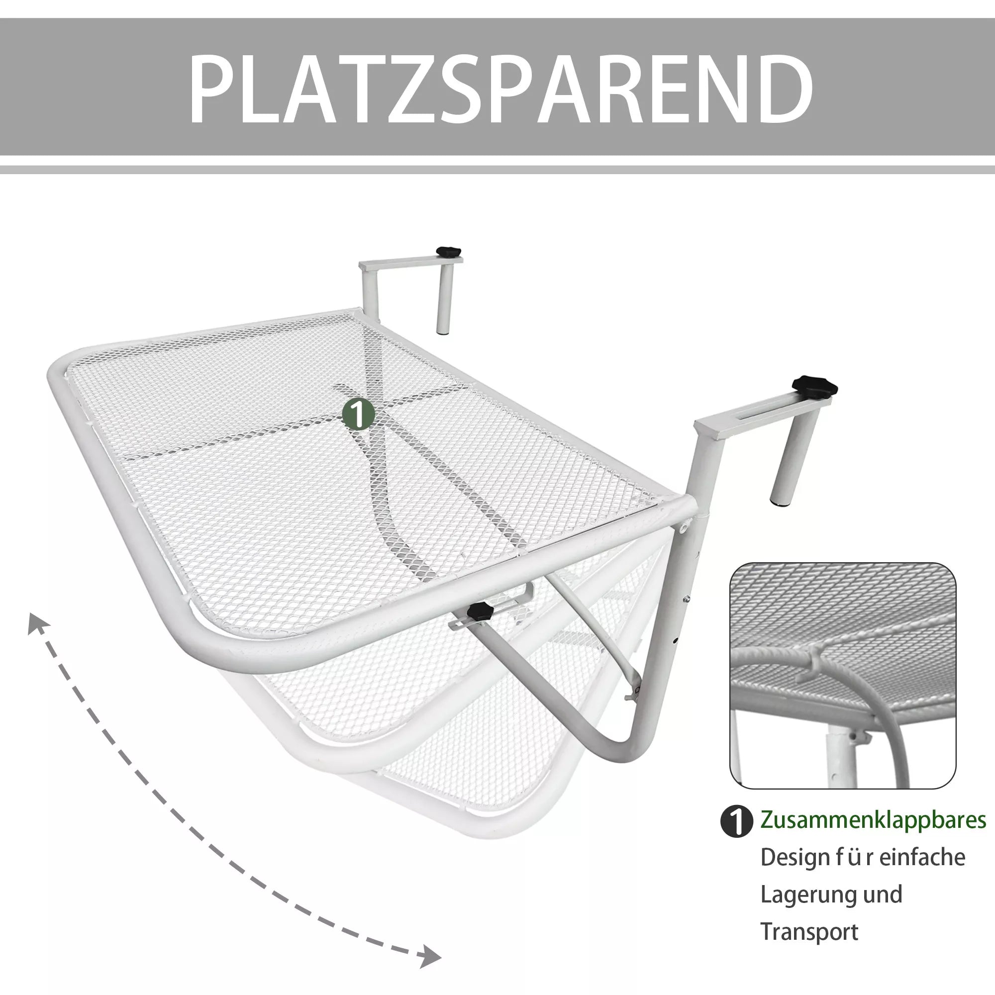 Balkono pakabinamas stalas 3 pakopų aukščio reguliuojamas pakabinamas stalas iš metalo, atsparus atmosferos poveikiui Balkono stalas Pagalbinis stalas balkono turėklams Terasos turėklams Pakabinamas stalas 60 x 56 cm, baltas