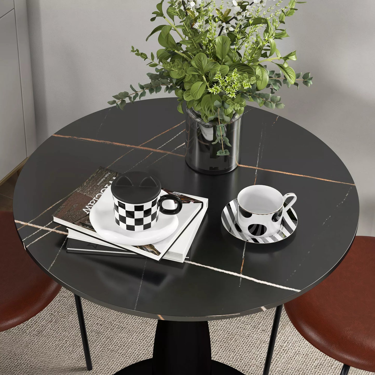 Apvalus valgomojo stalas, milteliniu būdu dengtas plienas, MDF su melaminu, neslystančios kojelės, 70 x 74 cm, Juodas