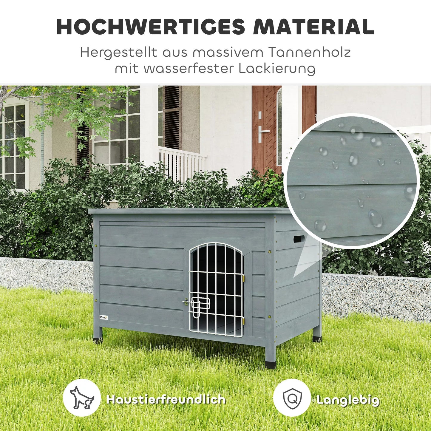 Šunų namelis su durimis, šunų būda, transportavimo dėžė, namelis augintiniui, eglių mediena, tamsiai pilka