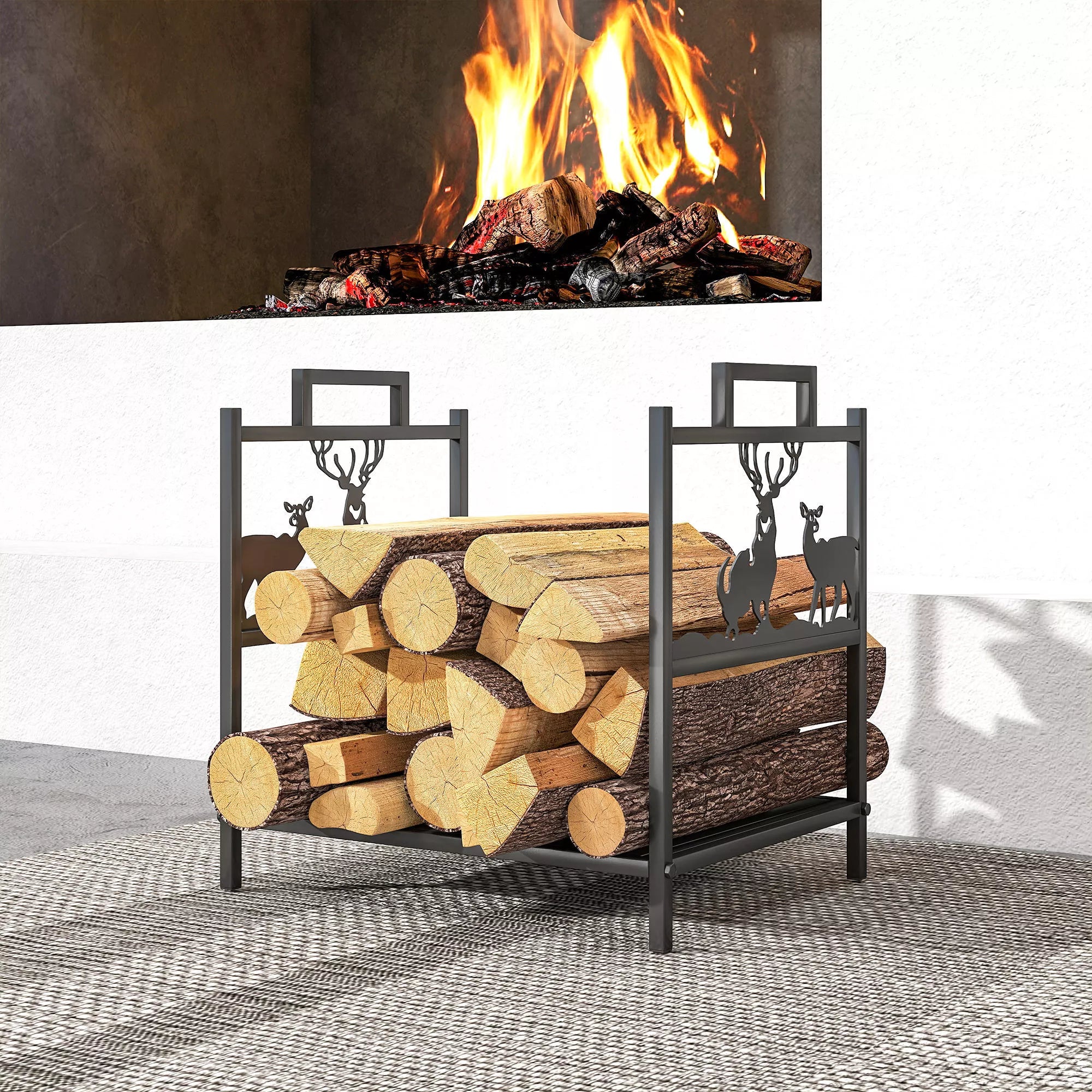 Laikiklis malkoms vidaus patalpoms 42,5 x 33,5 x 43 cm Stovas malkoms židiniui, krosnelei iš juodo metalo