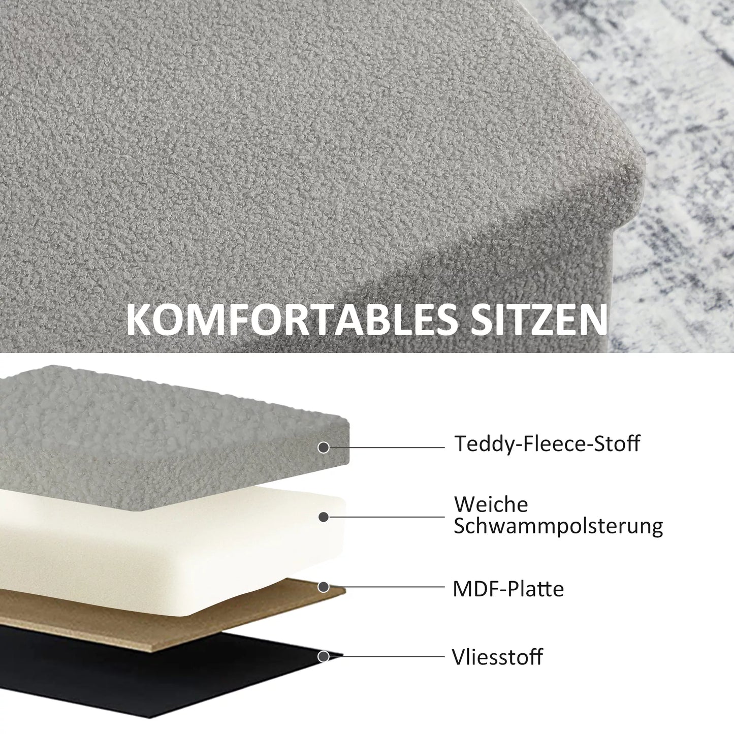 Laikymo pufas, minkštas suoliukas su daiktadėže ir dangčiu svetainei, miegamajam, koridoriui, šviesiai pilkas