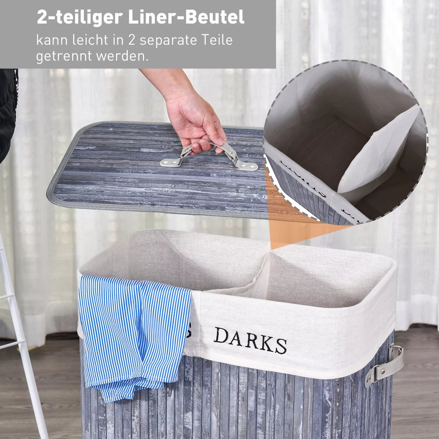 Bambukinė skalbinių dėžė su dangčiu, 100 L, skalbinių surinktuvas su PU rankenomis, drobinis skalbinių maišas, skalbinių tvarkytuvas skalbyklai, miegamajam, vonios kambariui, pilka