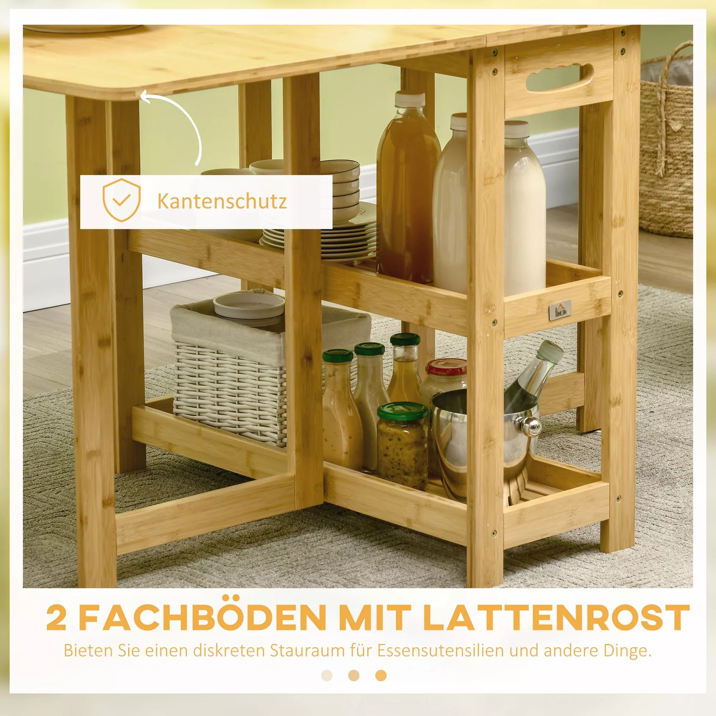 Sulankstomas valgomojo stalas, dvi sulankstomos pusės, dvi lentynos, reguliuojamos kojelės, bambukas, 149,5 x 80 x 73,5cm