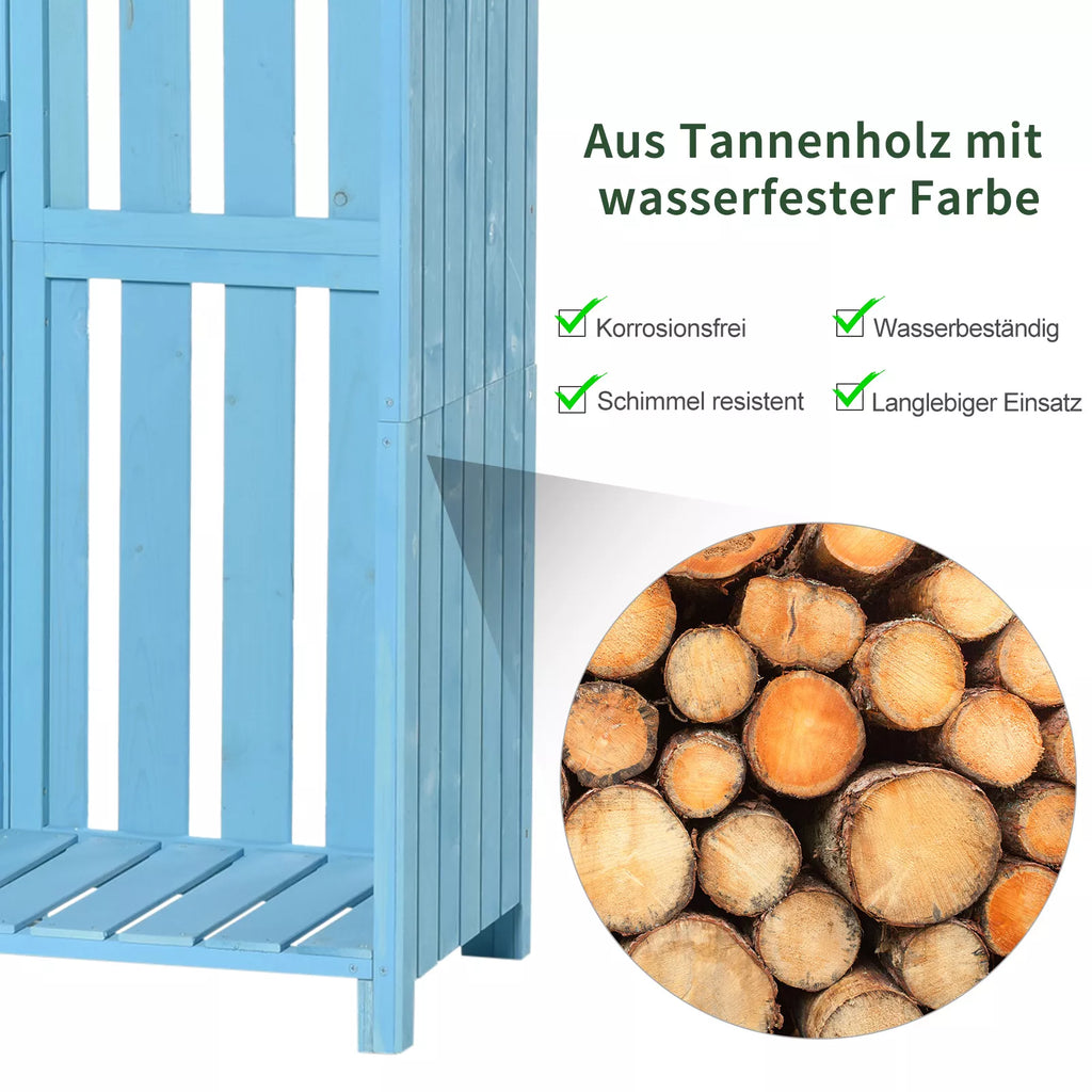 Sodo namelis Įrankių namelis Įrankių namelis su malkų sandėliu Įrankių namelis su 3 lentynomis Asfalto stogas Eglės mediena Dangaus mėlynumo 130 x 54,5 x 180 cm