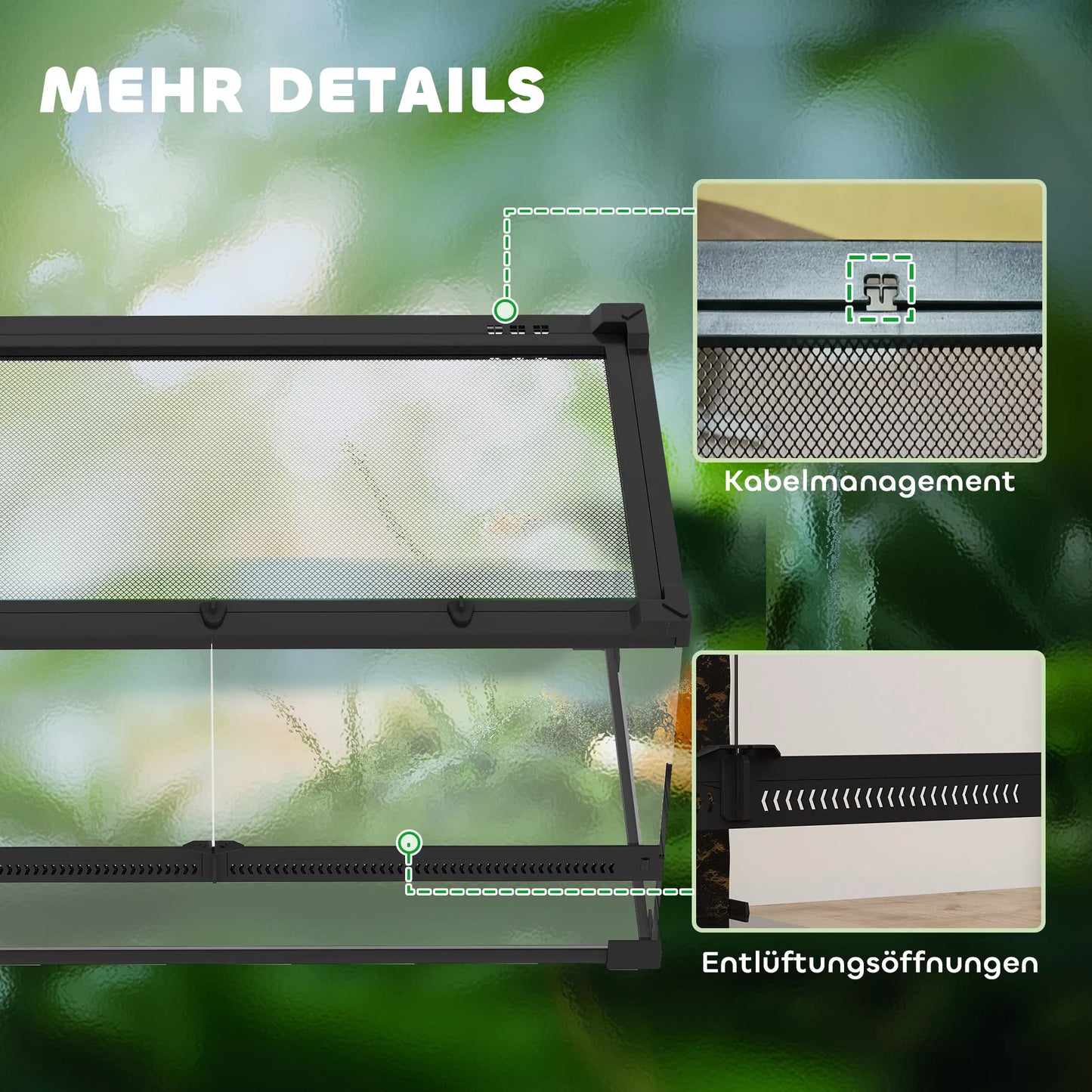 Stiklinis terariumas ropliams, paaukštintas ir vandeniui atsparus dugnas, sagties užraktas