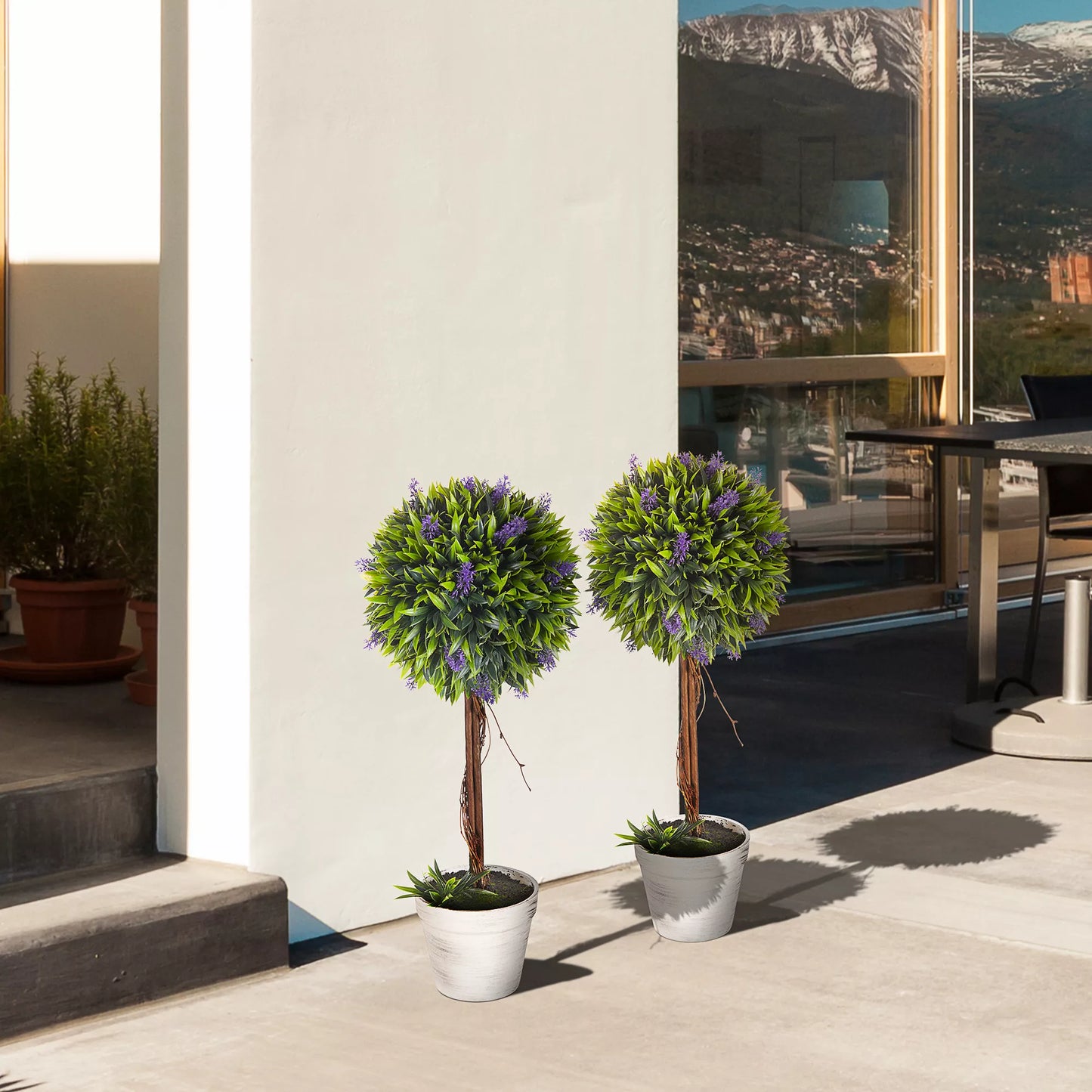 2 vnt. rinkinys Dirbtinis augalas su dekoratyviniu vazonu ir dirbtinėmis samanėlėmis, dirbtinės levandų atkarpos, Balta + Žalia + Violetinė