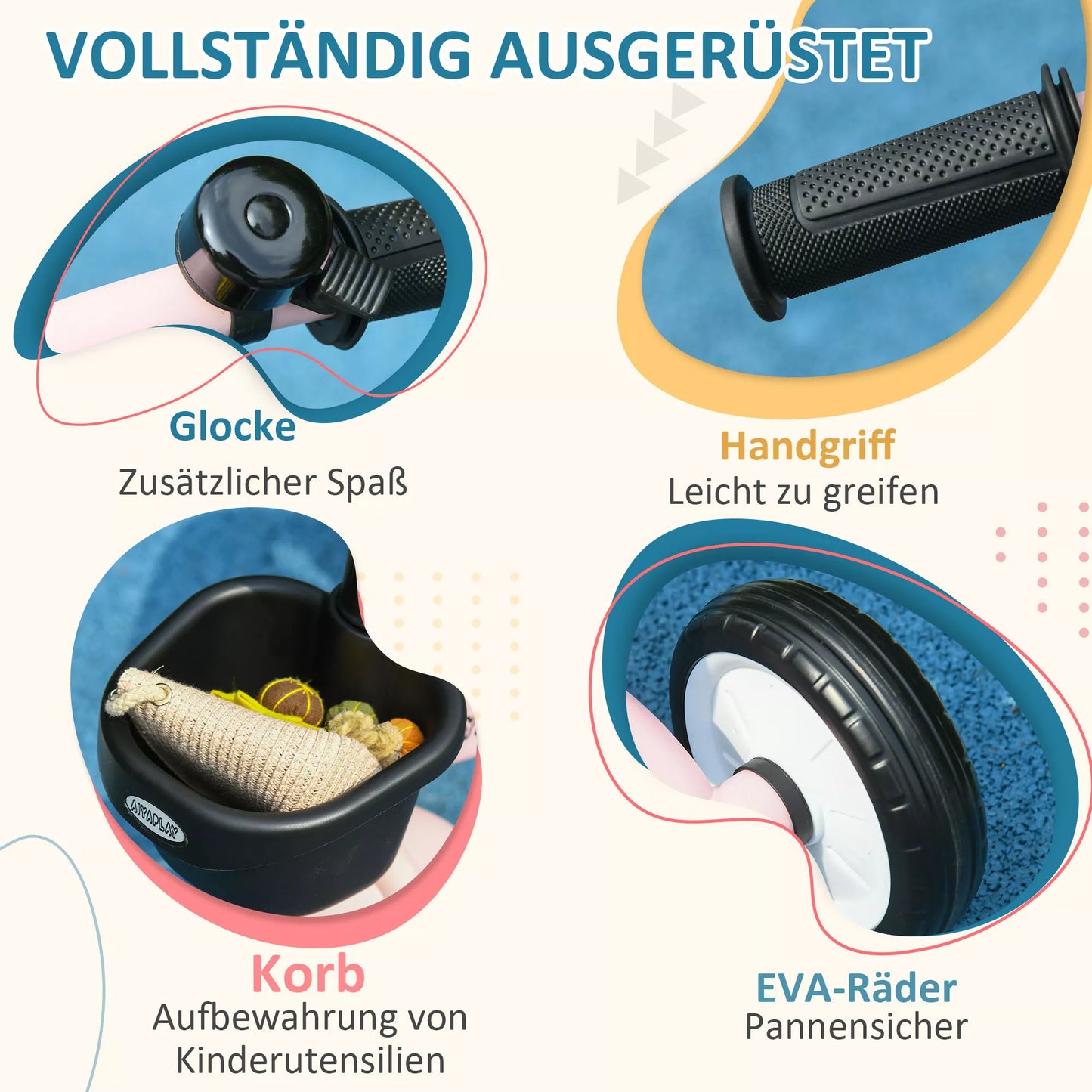 Trijatis dviratis vaikams nuo 2 iki 5 metų, aukščio reguliuojama sėdynė, skambučio varpelis, dviračių krepšelis, metalinis rėmas, rožinis