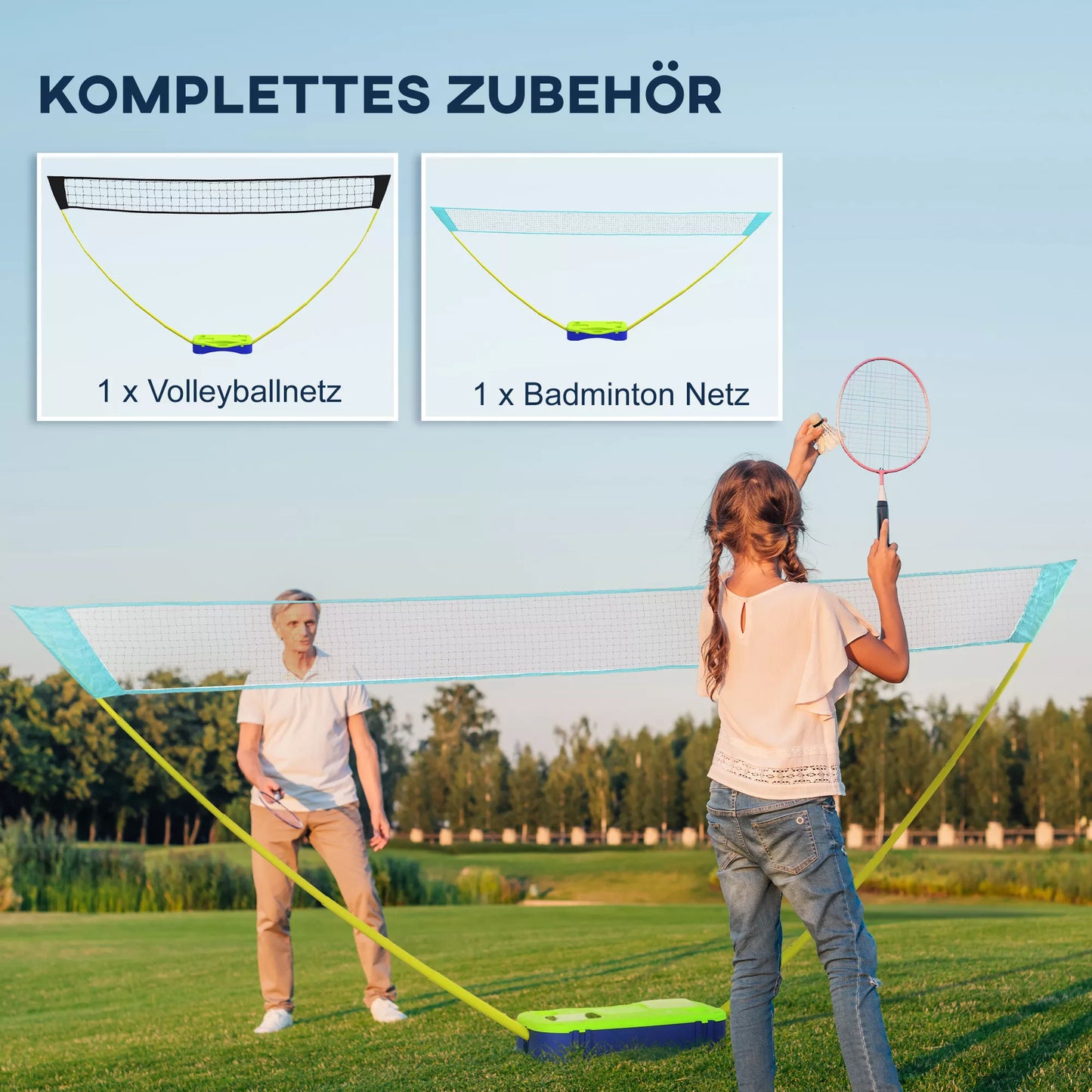 Badmintono ir tinklinio tinklo komplektas, 3 dalių, 400 cm x 22,4 cm x 155 cm, Juoda + Mėlyna + Žalia