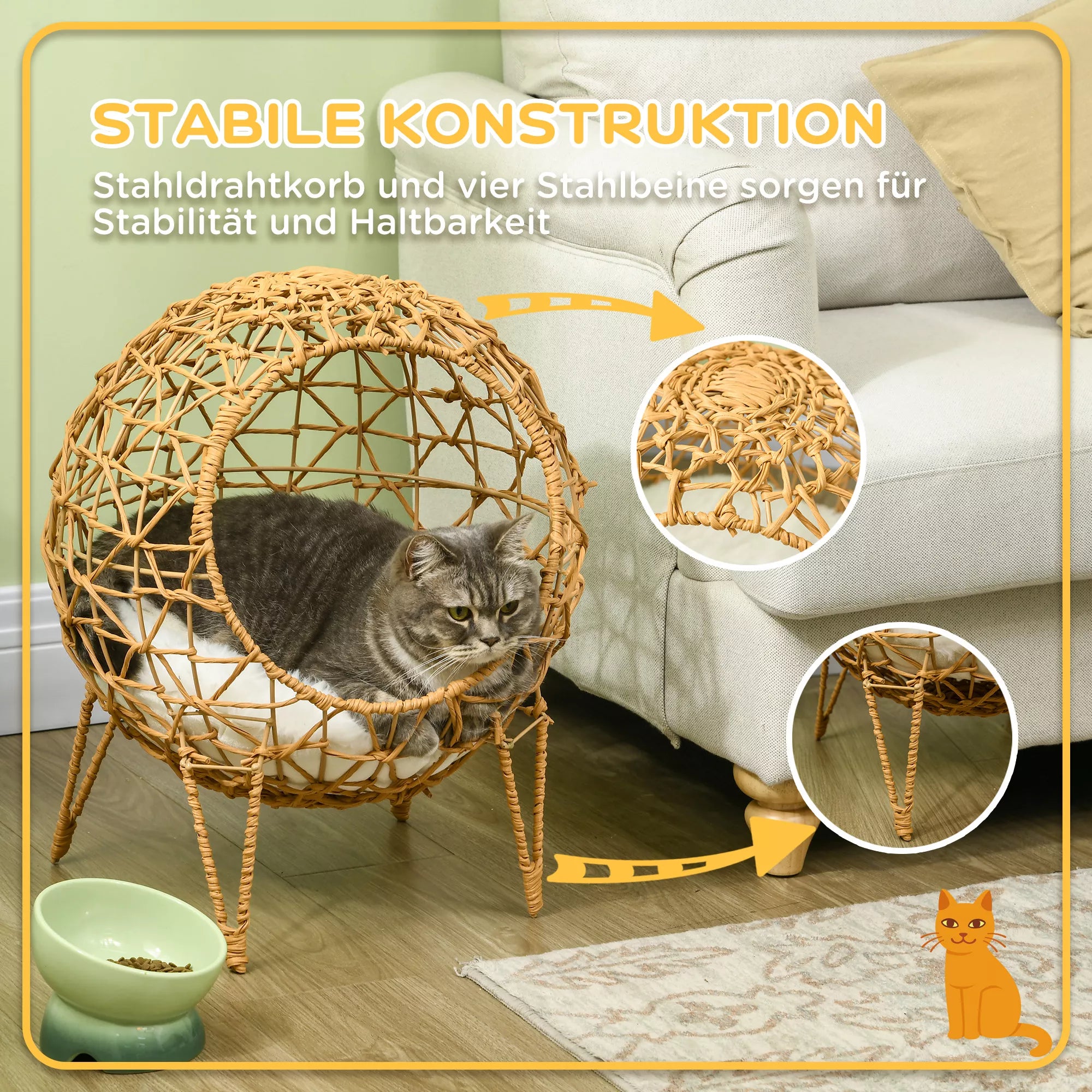 Rattan katės krepšys Katės urvas Katės namelis Katės lovelė su pagalvėle Pakelta konstrukcija Naminių gyvūnų lovelė Ruda Ø45 x 57H cm