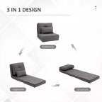Trys kėdės pavidalai: grindų sofa, gultas ir išskleista lova