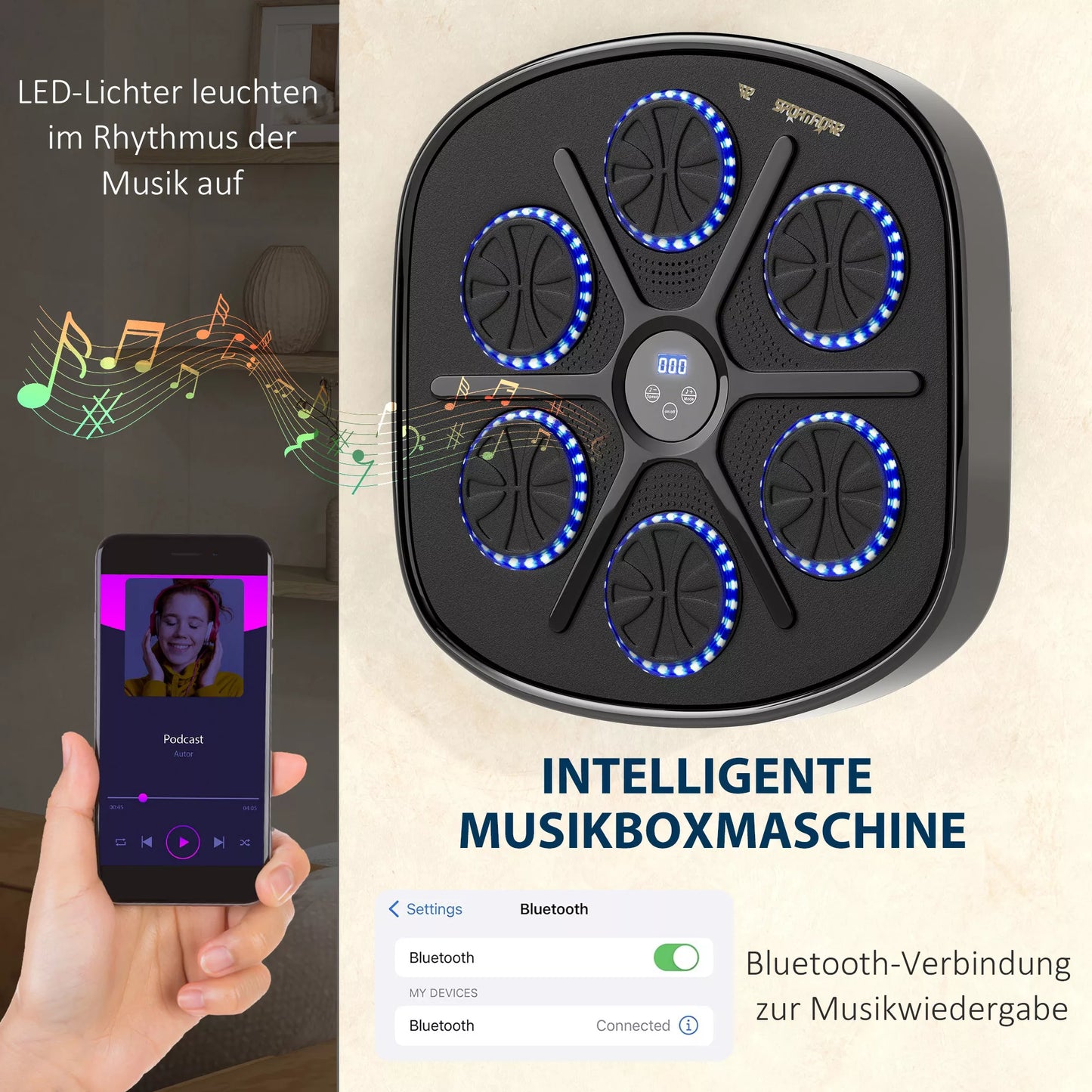 Muzikinė bokso mašina, Ritminis bokso prietaisas, 9 režimai, Bluetooth, LED šviesos, su bokso pirštinėmis, Juoda