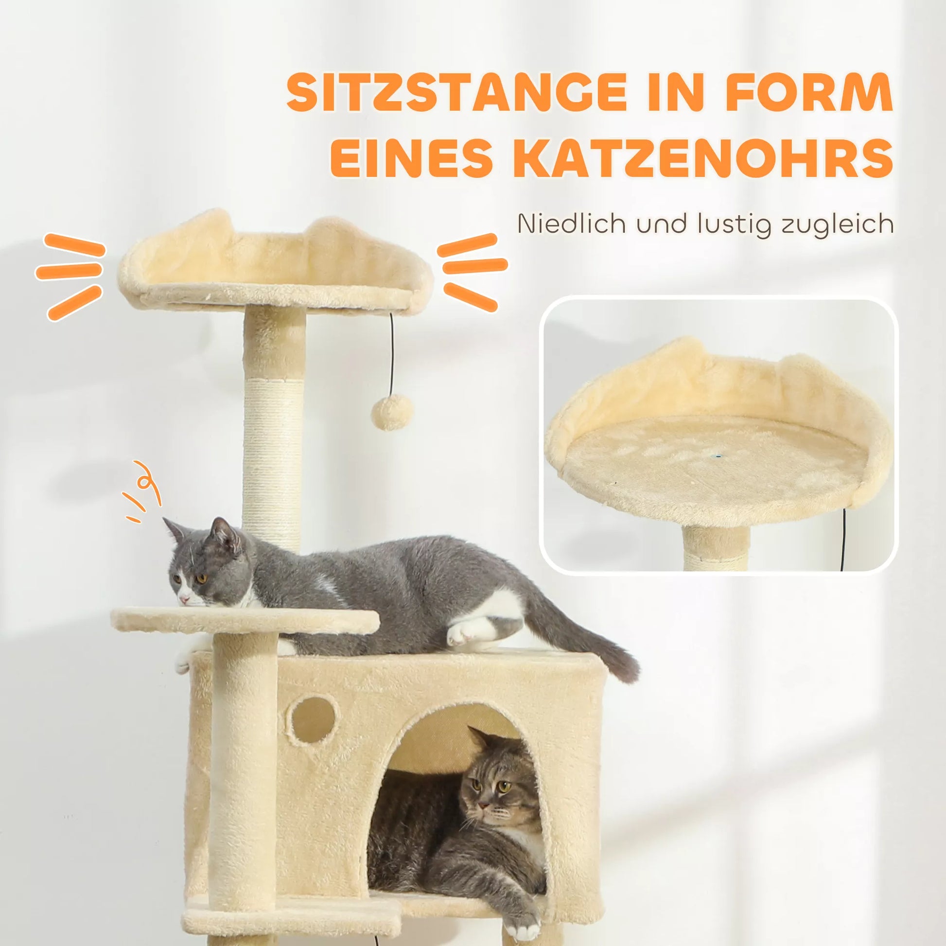 Kačių draskyklė 160 cm Kačių bokštas su hamaku, kopėčiomis, guoliu, 2 pliušiniais kamuoliukais, sizalio stiebais, 48 x 48 x 160 cm, smėlio spalvos