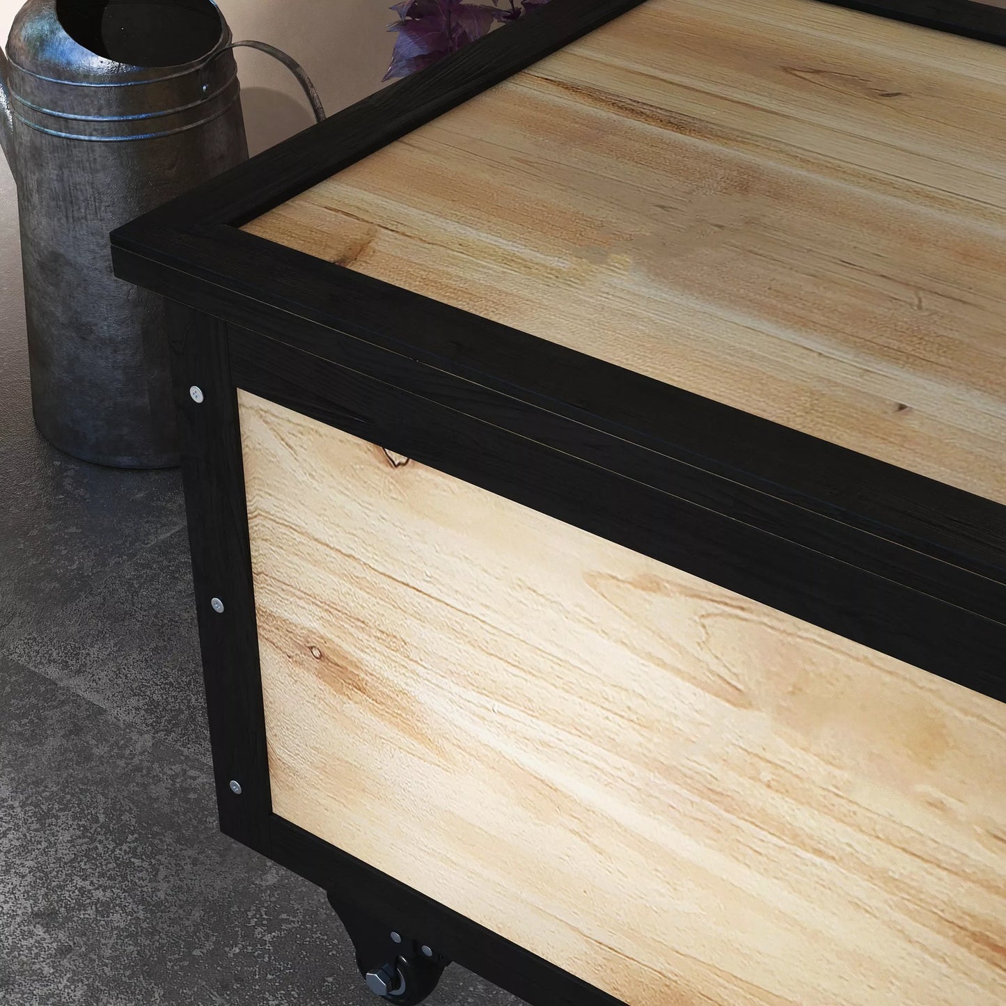 Lauko laikymo dėžė, 121 litras, 2 ratai, atspari oro sąlygoms, metaliniai vyriai, natūrali mediena, 100x50x43 cm