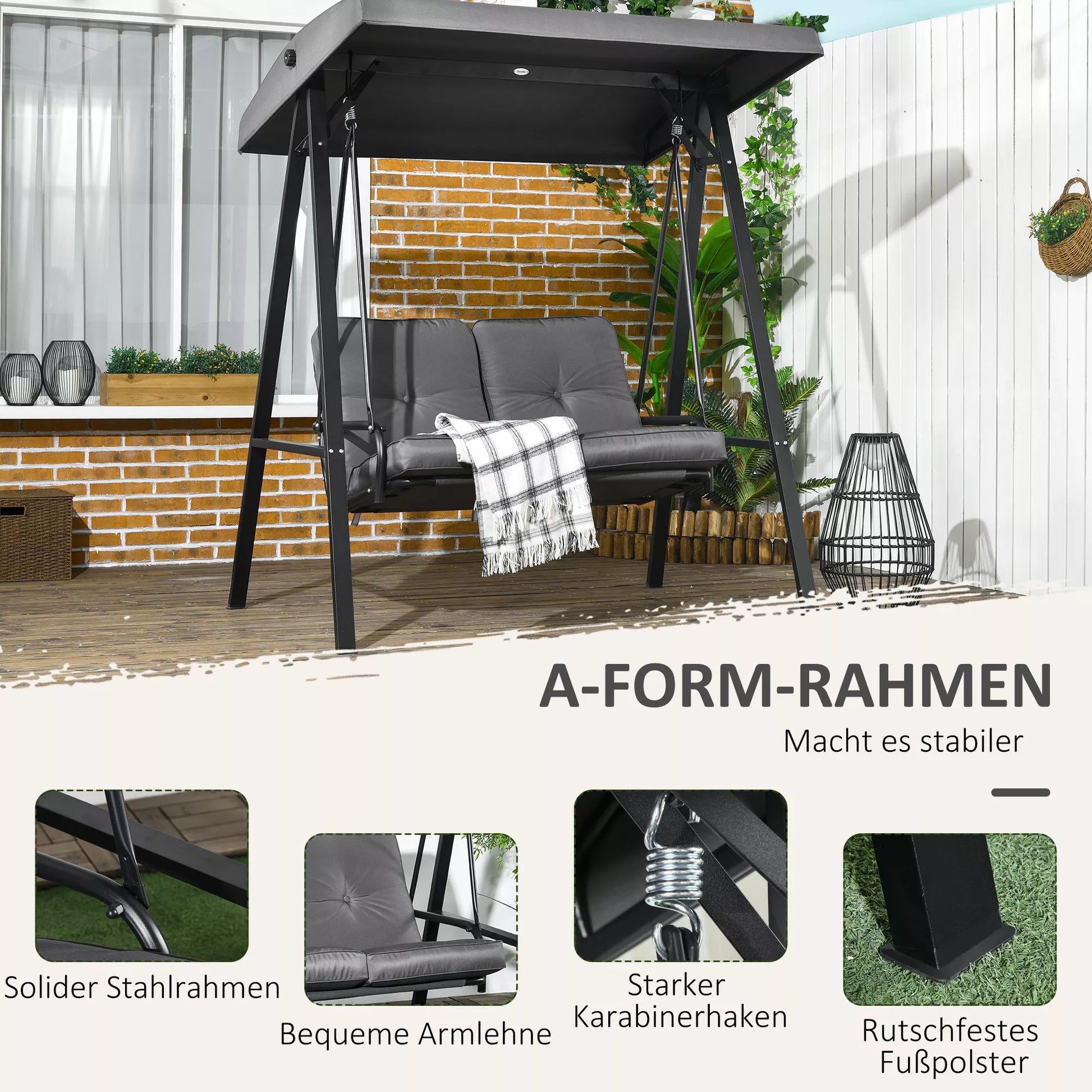 Holivudo sūpynės, 2 vietos sodo sūpynės su reguliuojamu stogu, atlaiko iki 220 kg svorį, 145 x 116 x 172 cm, tamsiai pilkos spalvos