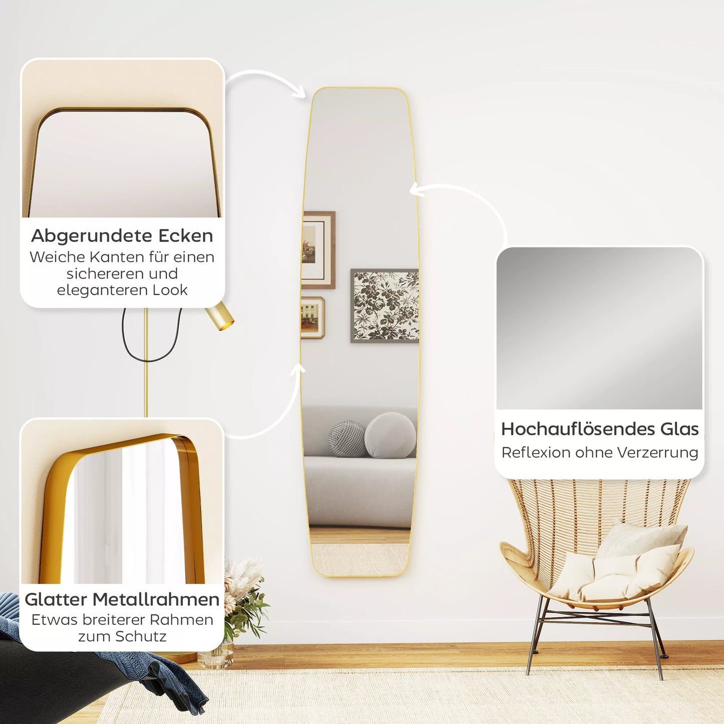 Pakabinamas veidrodis svetainei ir prieškambariui, veidrodis su metaliniu rėmu, 160x40x3 cm, auksinė