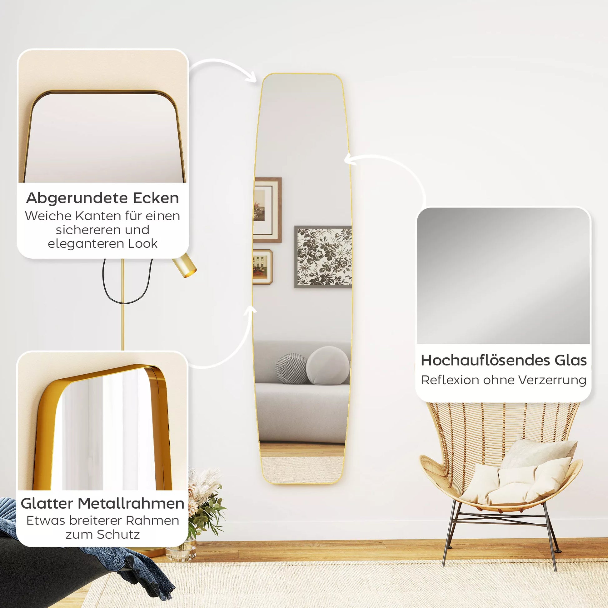 Pakabinamas veidrodis svetainei ir prieškambariui, veidrodis su metaliniu rėmu, 160x40x3 cm, auksinė