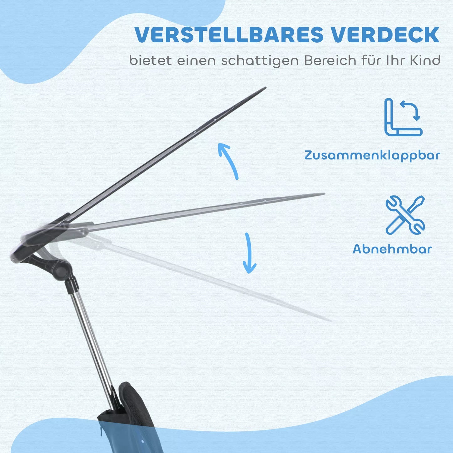 Šeši viename vaikiškas triratukas su stūmimo rankena, stogeliu, saugos diržu, laikymo krepšeliu, skirtas 1-5 metų vaikams, tamsiai mėlynas