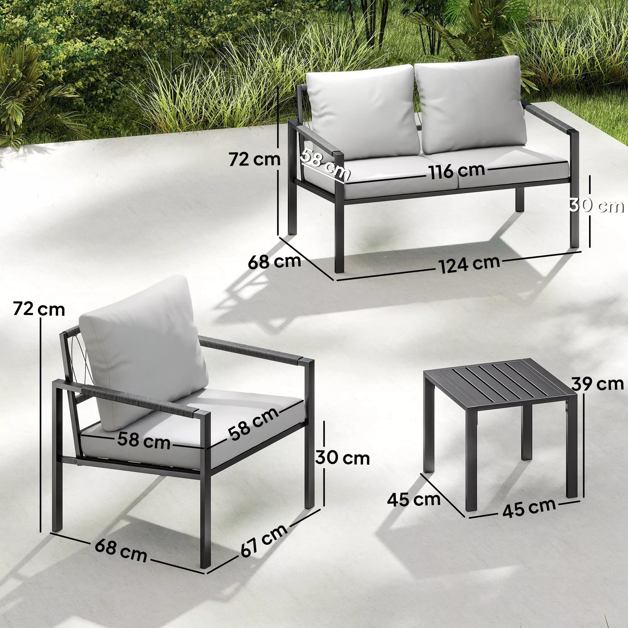 Sodo baldų komplektas 4 asmenims, atsparus oro sąlygoms, balkono baldų komplektas su dviviete sofa, foteliais, sėdimojo pagalvėlėmis ir pagalbiniu staliuku, šviesiai pilkos spalvos