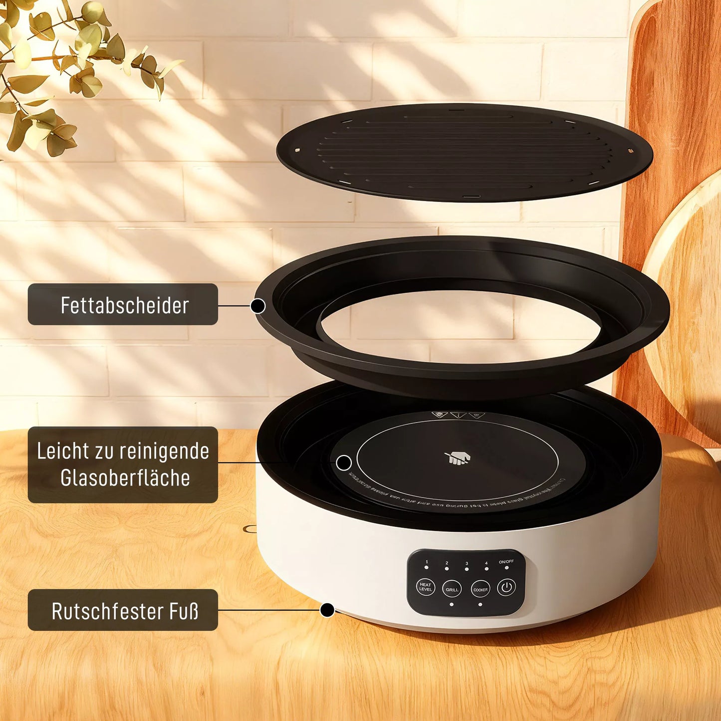Dviguba keraminė kaitlentė, 2-in-1 dizainas, virimui ir kepimui, 2000 W, 4 kaitinimo lygiai, LED ekranas, riebalų surinkimo dėklas, balta spalva