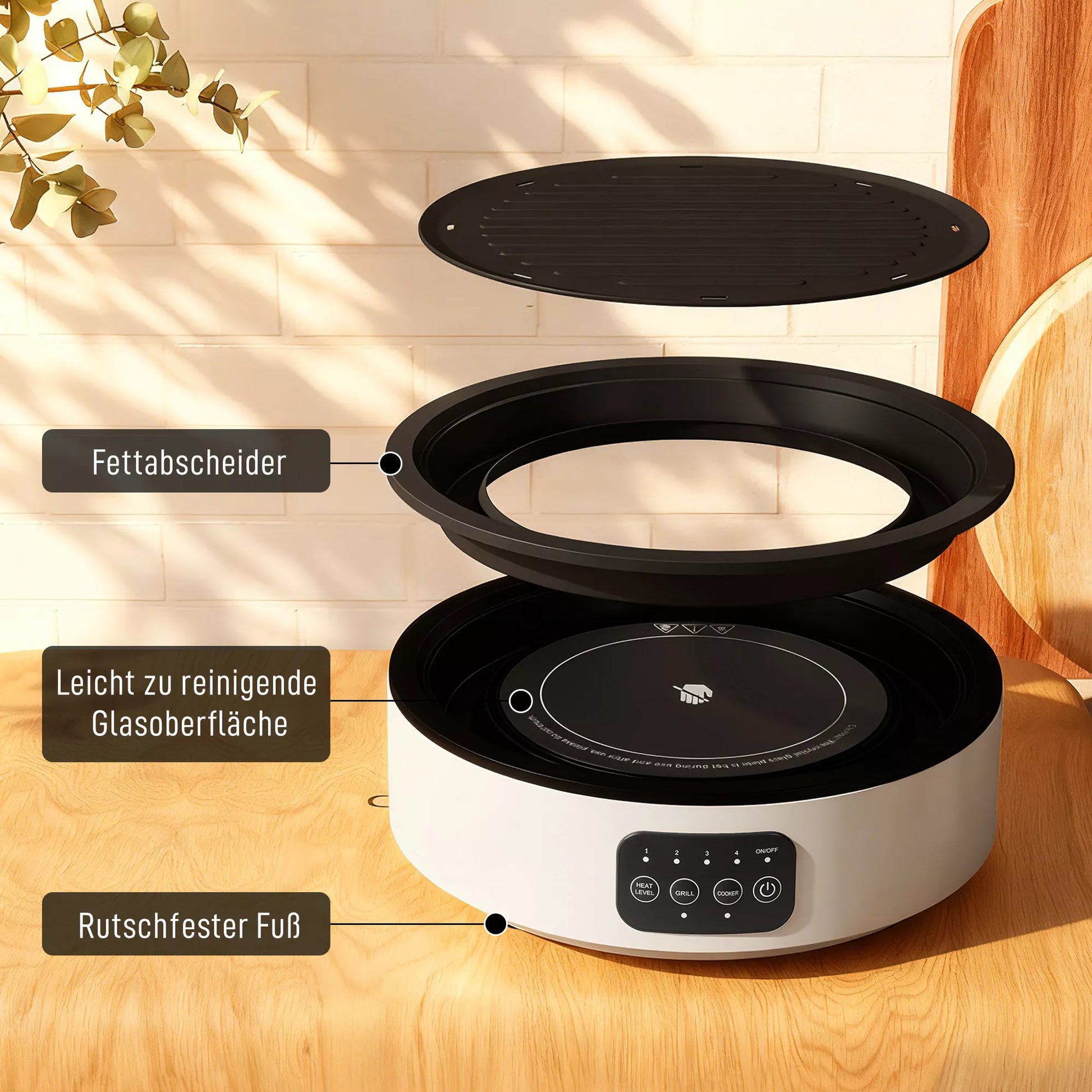 Dviguba keraminė kaitlentė, 2-in-1 dizainas, virimui ir kepimui, 2000 W, 4 kaitinimo lygiai, LED ekranas, riebalų surinkimo dėklas, balta spalva
