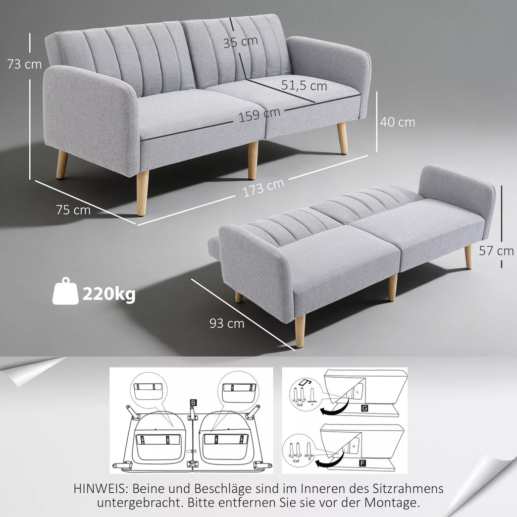 Miegamasis sofos, 2-vietė audinio sofa, sofa su miego funkcija, lino tipo poliesteris, kaučiuko medis, 173 x 75 x 73 cm, pilka