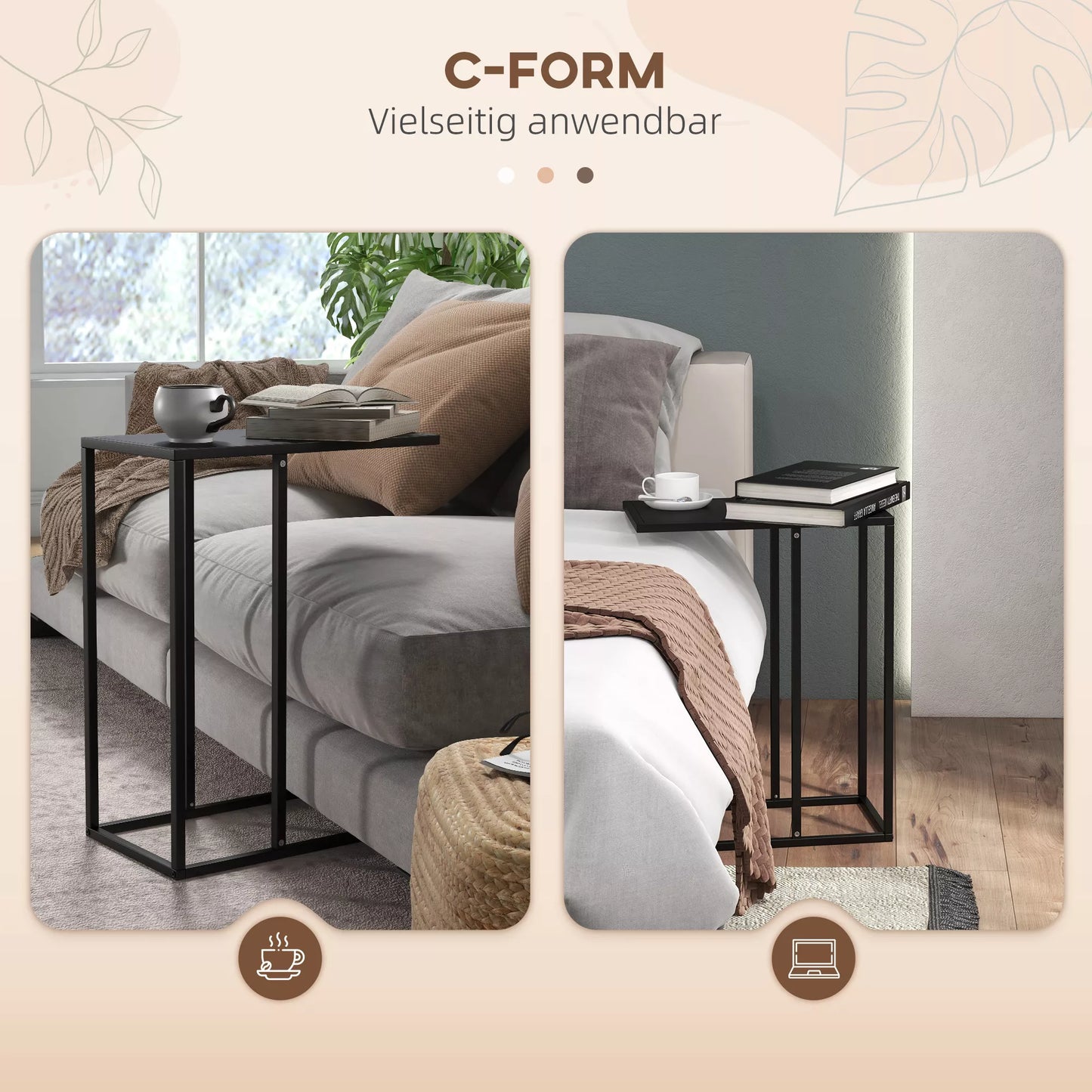 C formos staliukas, nešiojamojo kompiuterio staliukas, staliukas prie sofos, su plieniniu rėmu, juodas