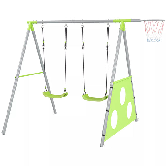 Sūpynių komplektas vaikams, 2 sūpynių sėdynės, 1 krepšinio lankas, 1 futbolo vartai, metalinis rėmas, žalias