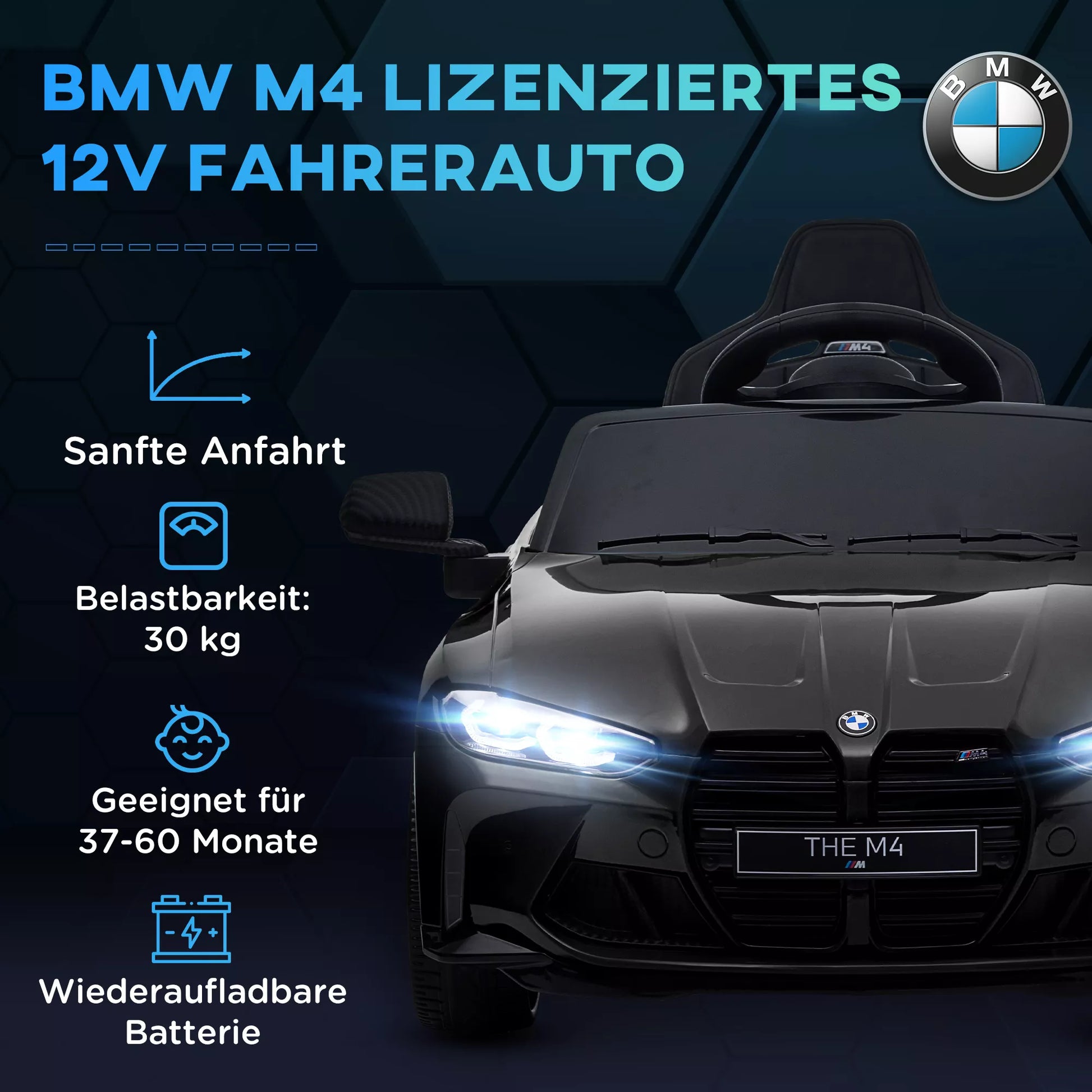 Elektrinis vaikų automobilis BMW M4, garsas ir šviesa, 3–5 km/h, su nuotolinio valdymo pultu, skirtas 3–5 metų vaikams, juodos spalvos