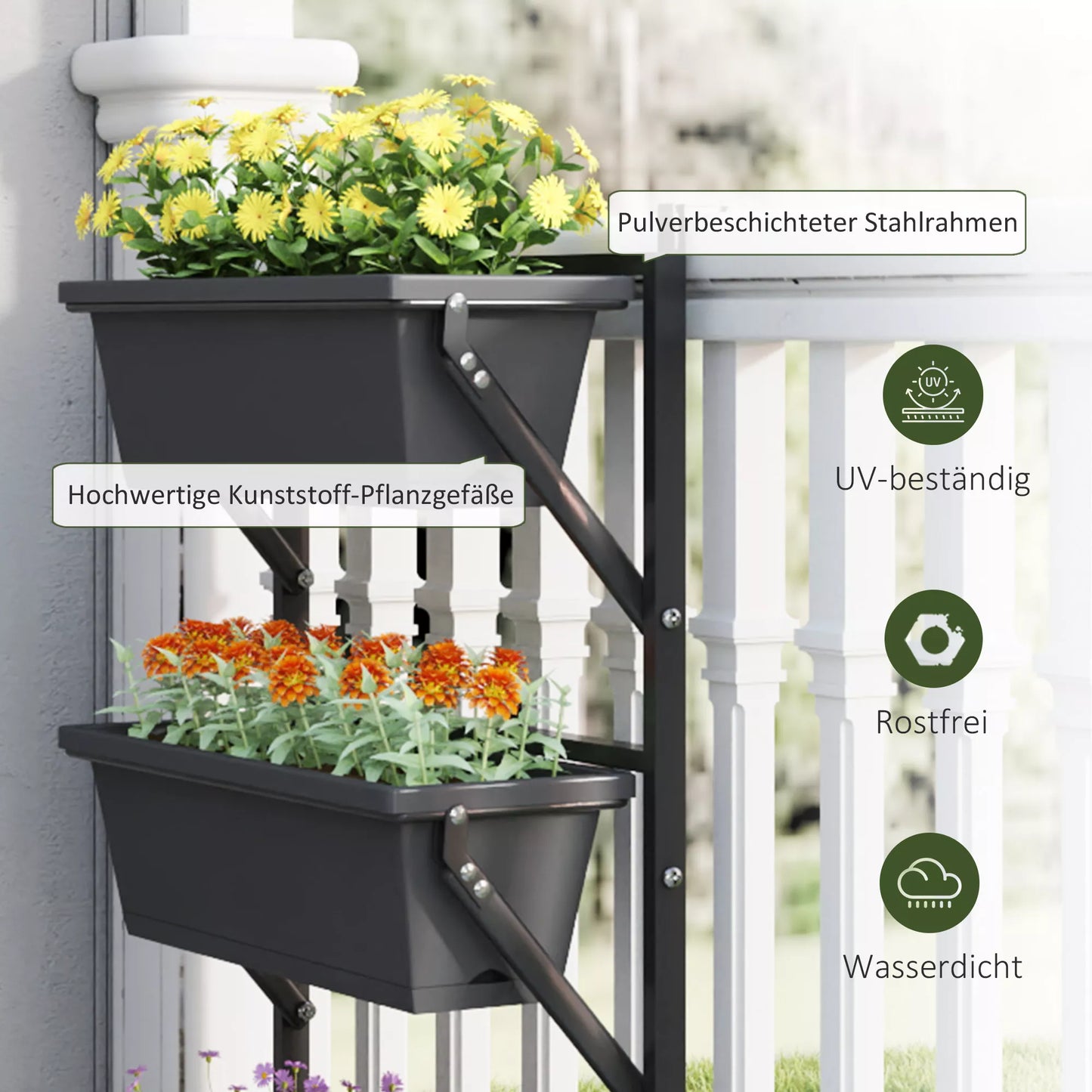 Vazonų rinkinys su skylutėmis, 56x42 cm, kampuotas vazonas, tamsiai pilkas plastikas