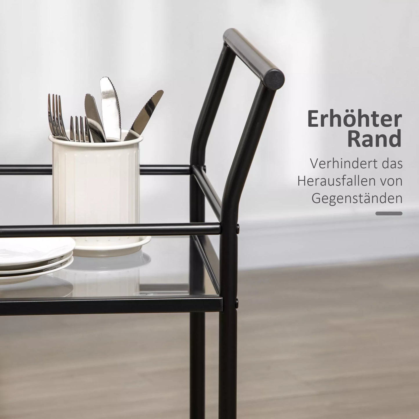 Juodas virtuvės vežimėlis su 4 ratukais, 2 lentynomis ir rankenomis, 75 cm x 40 cm x 80 cm