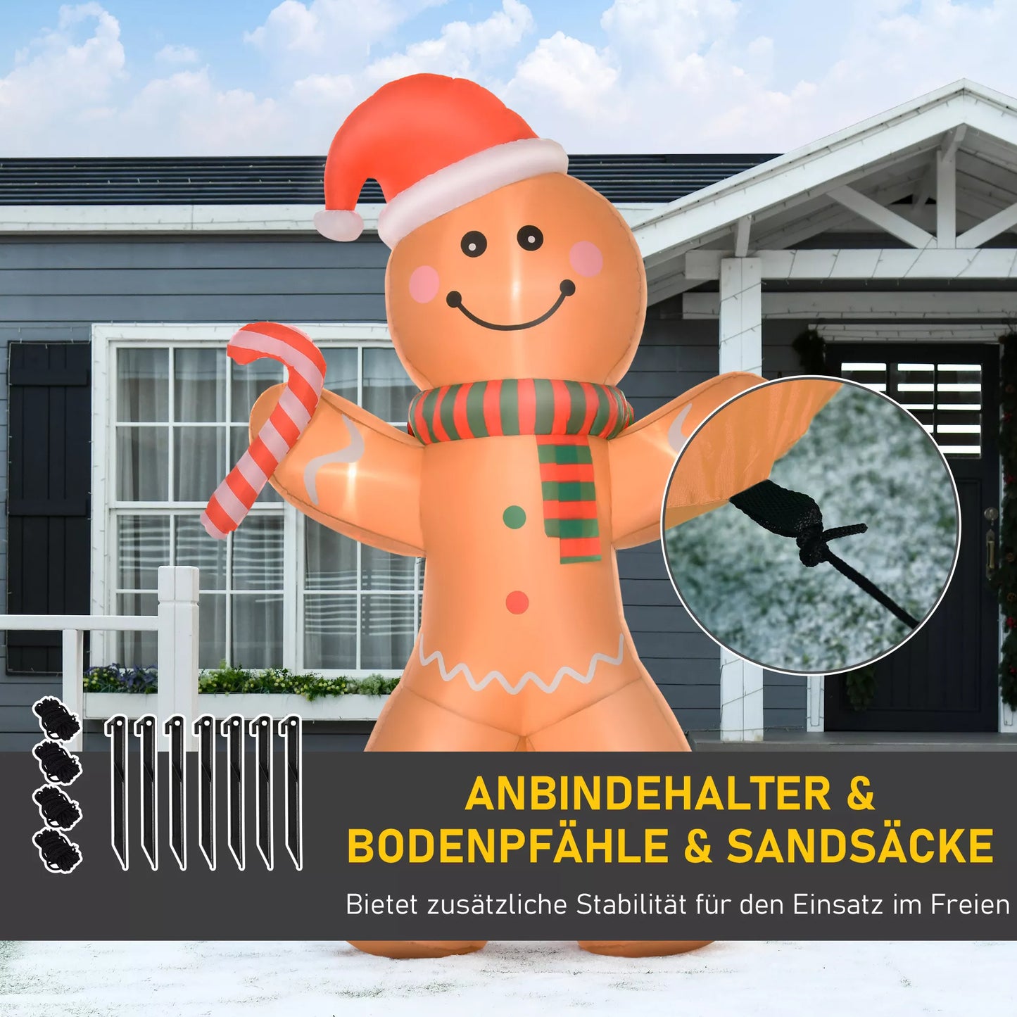 HOMCOM Savaime prisipūčianti Kalėdinė dekoracija – Meduolių vyras, 2,4 m, su pūstuvu ir LED lemputėmis