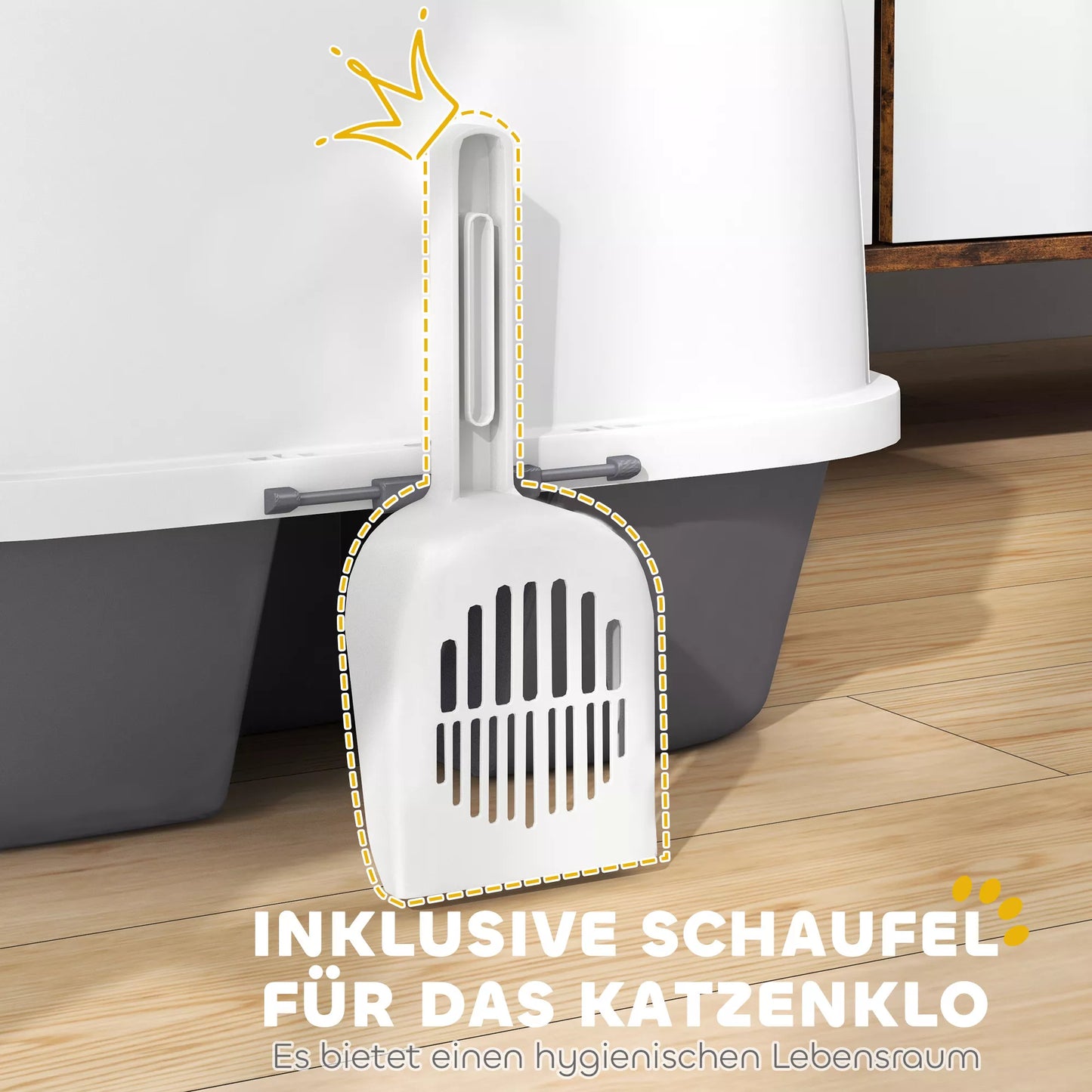 Katės tualetas, katino dėžutė su dangčiu ir kastuvėliu, lengvai valomas, uždaromas, balta