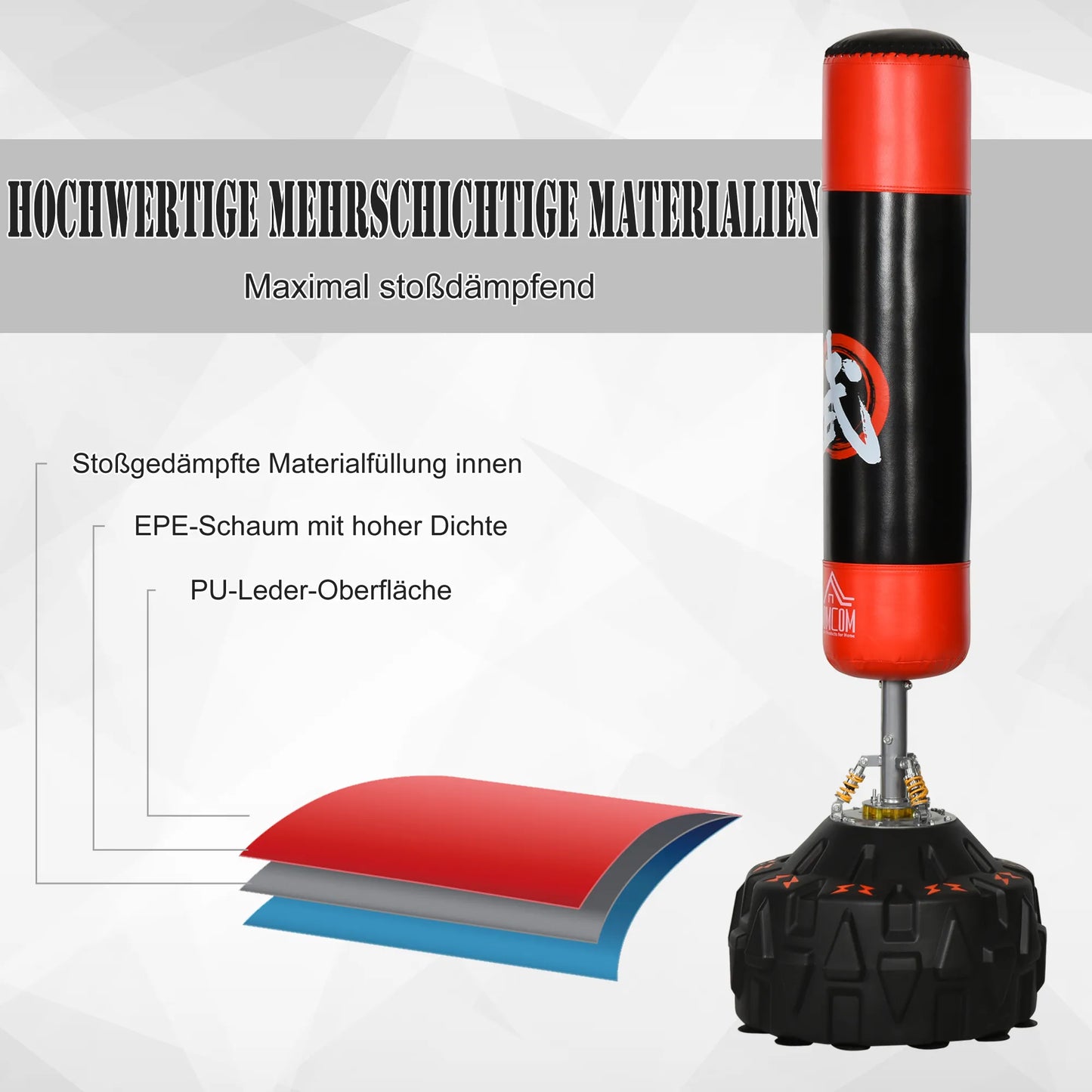Laisvai statomas bokso maišas suaugusiems, treniruočių įrenginys, bokso partneris, asistentas treniruotėms su siurbimo pagrindu, juoda+raudona, 60x60x180 cm