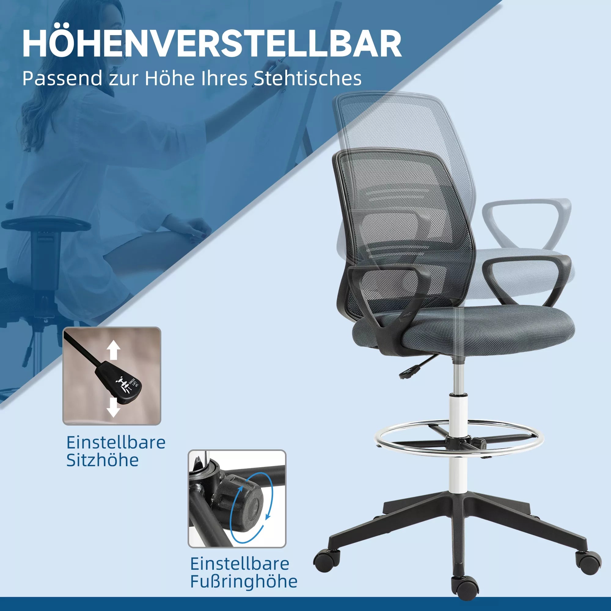Biuro kėdė ergonomiška su reguliuojama kojų atrama, iki 120 kg, pilka