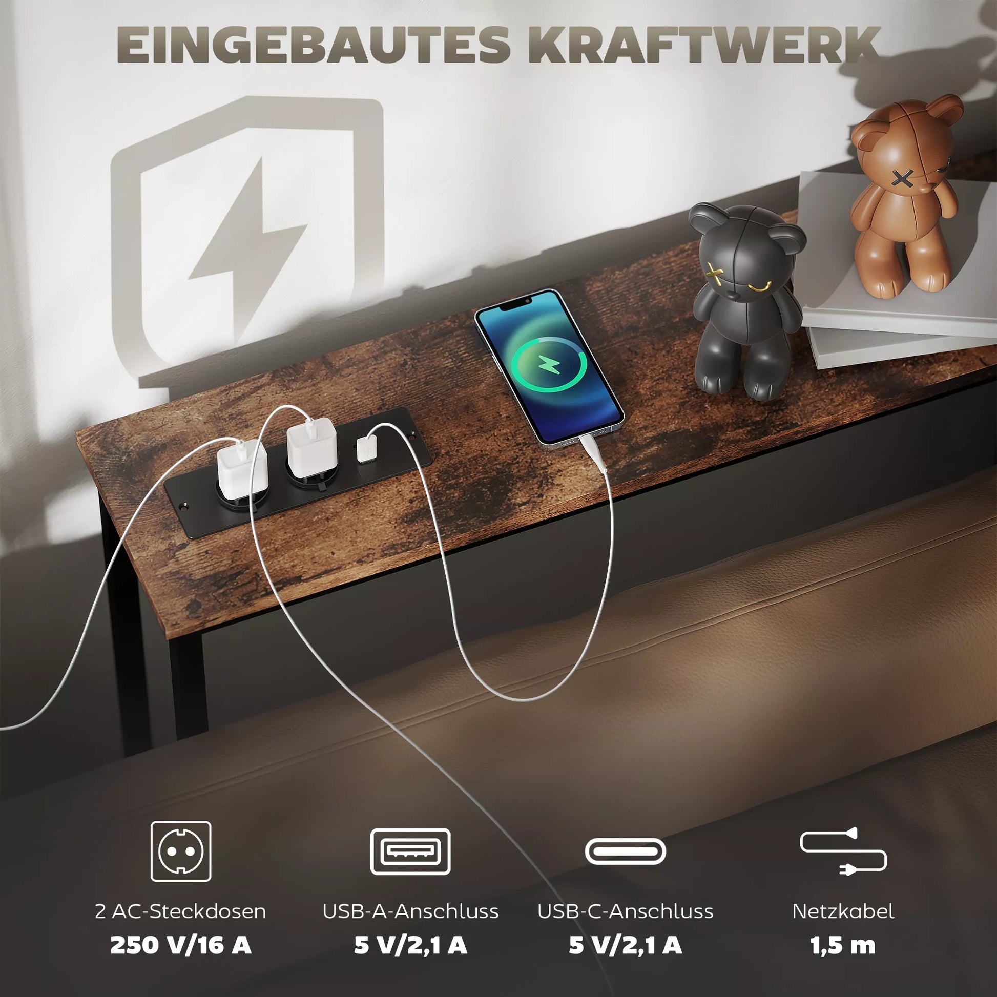 Plonas konsolinis staliukas su įkrovimo stotele, pramoninio stiliaus, plieninis rėmas, rudas