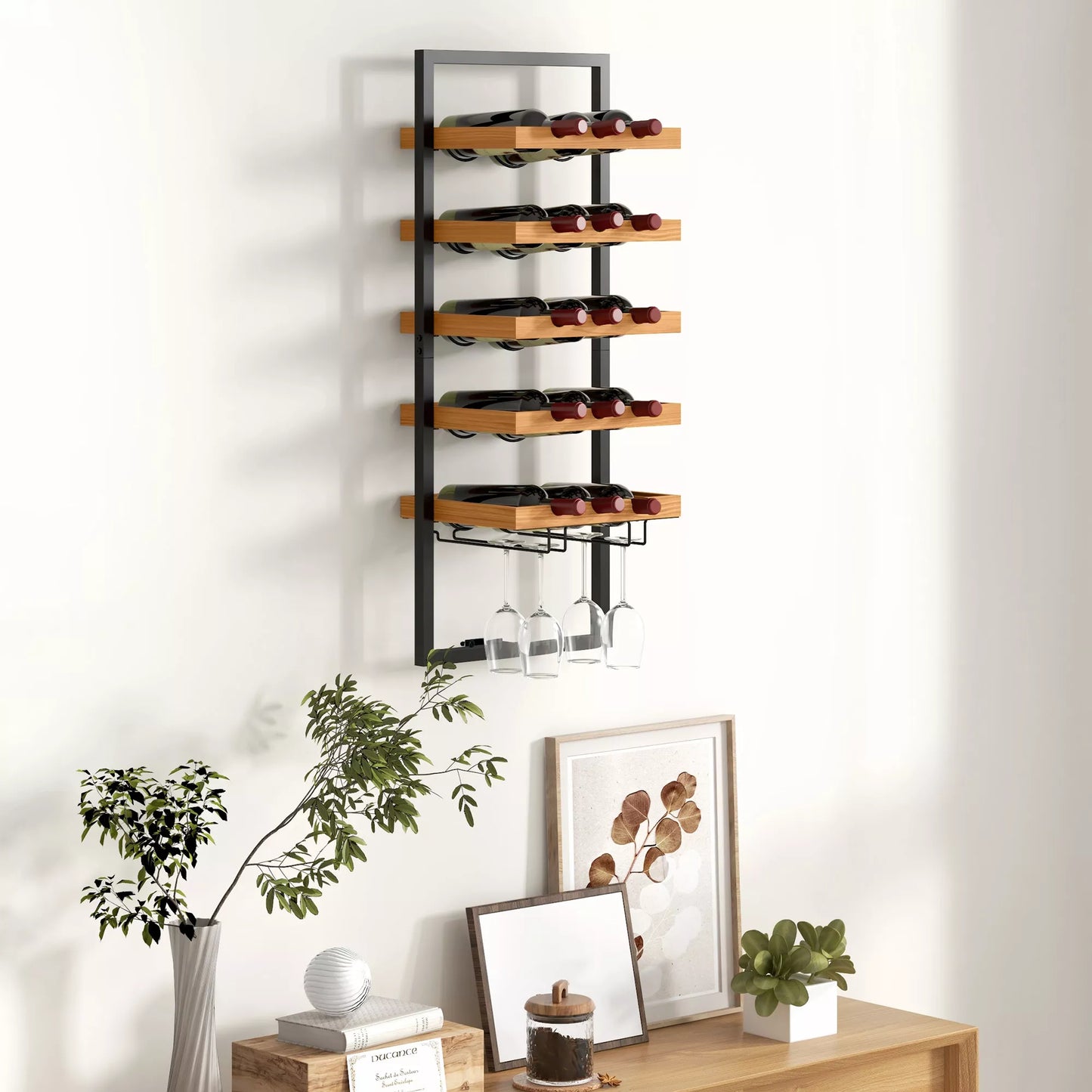 Sieninis vyno stovas, 5 lygiai, butelių laikiklis, stiklinių laikiklis, pušies mediena, plienas, namų barui, virtuvei, svetainei, rudos spalvos