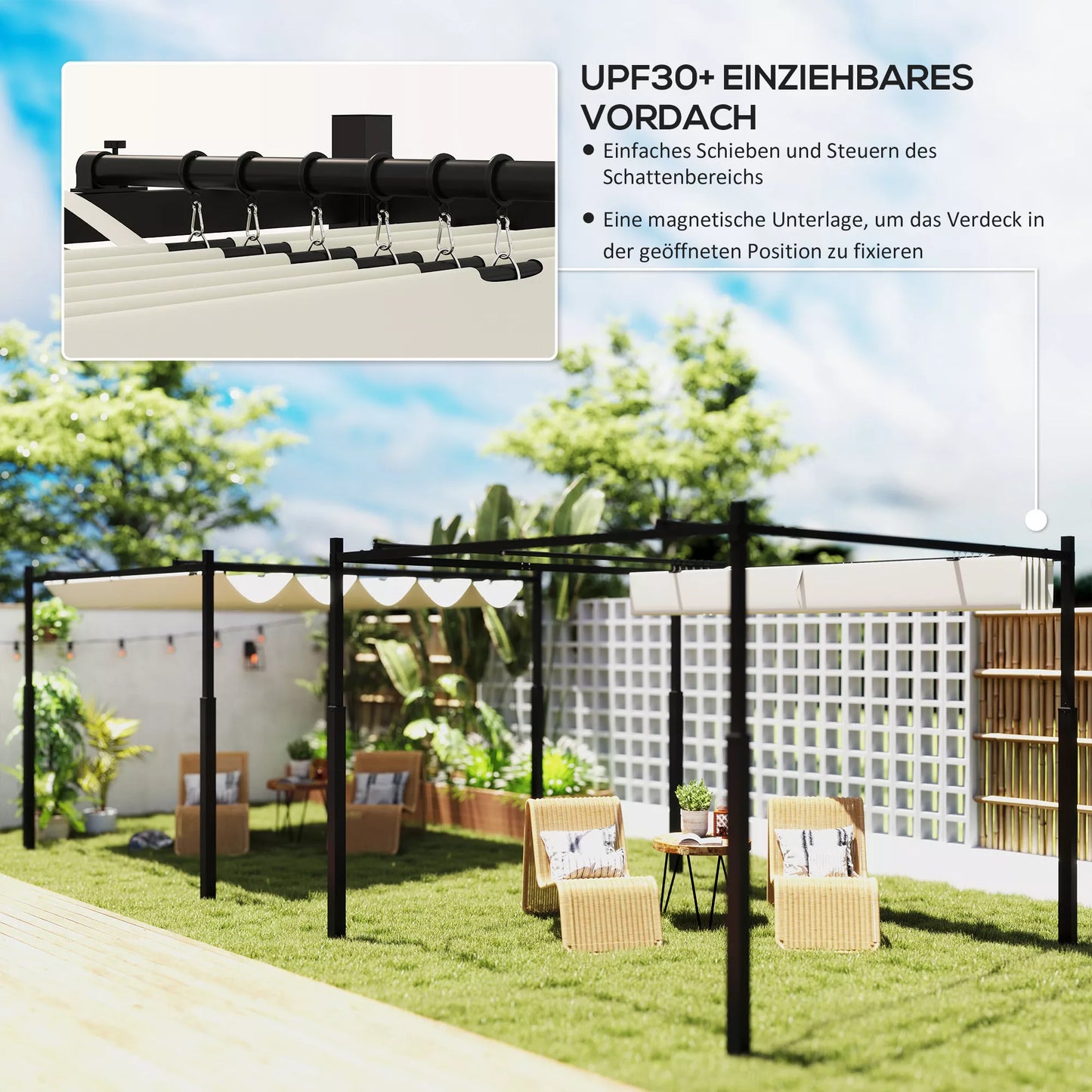Sodo pergola, 3 x 3 m, ištraukiamas stogas ir magnetinis padas, lauko baldakimas, sodo pavėsinė, UPF30+, metalas, kreminė balta spalva