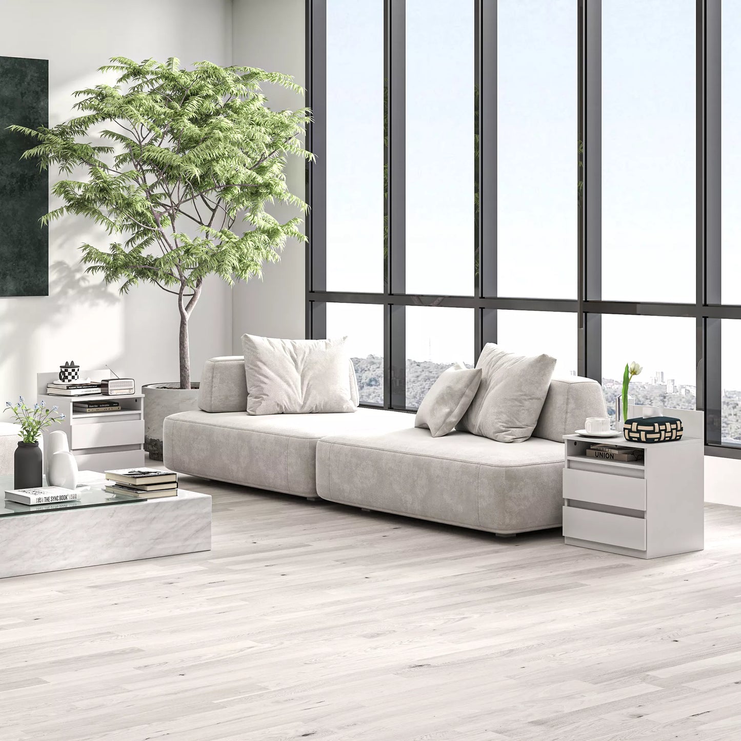 Naktinis staliukas 2 vnt. komplekte su stalčiais ir lentyna, modernus, baltos spalvos, miegamajam