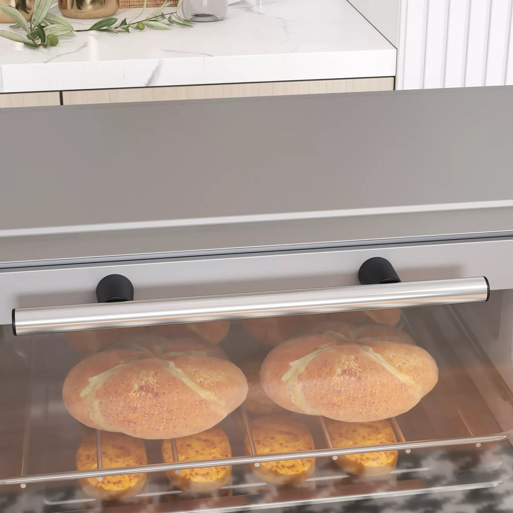 Mini orkaitė, 9 l Mini orkaitė su kepimo skarda, grotelėmis, reguliuojama temperatūra ir kepimo trukme, nerūdijantis plienas, sidabrinė