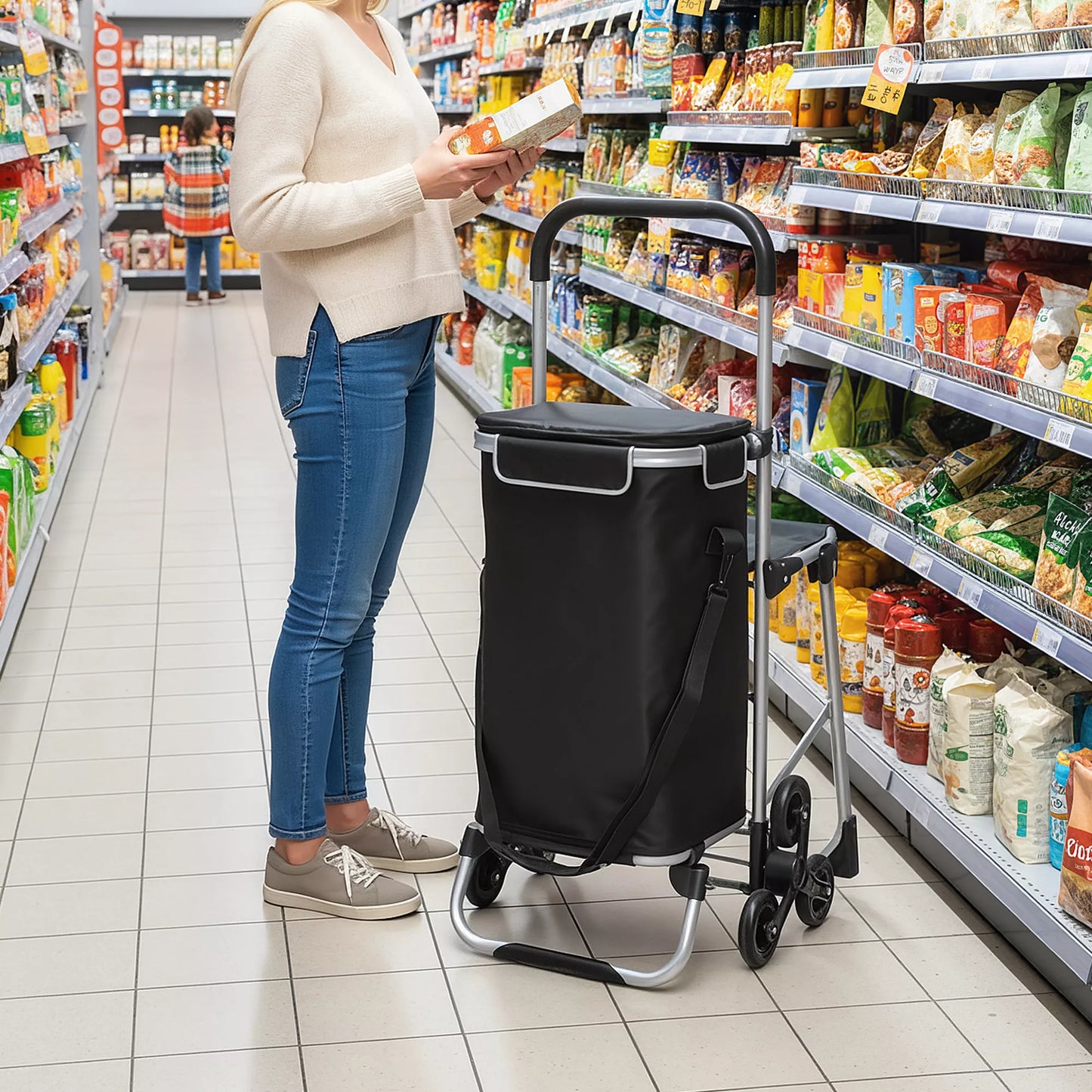 Pirkinių vežimėlis, 40 L Oxford krepšys, 3 ratukų dizainas, aliuminio rėmas, sėdynė, pilkas