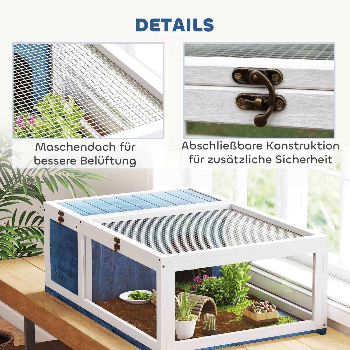 Medinis vėžlių namelis / aptvaras su atidaromu viršumi, 91x60,5x32 cm, mėlynas