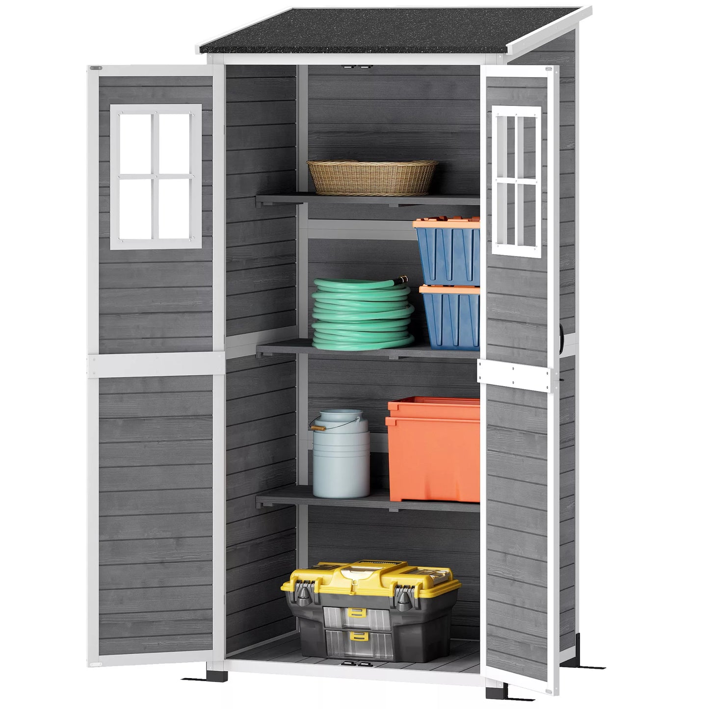 Sodo saugykla, įrankių namelis su 2 langais, žemės kuoliukai, asfaltuotas stogas, 91 x 69 x 192 cm, eglės mediena, šviesiai pilka